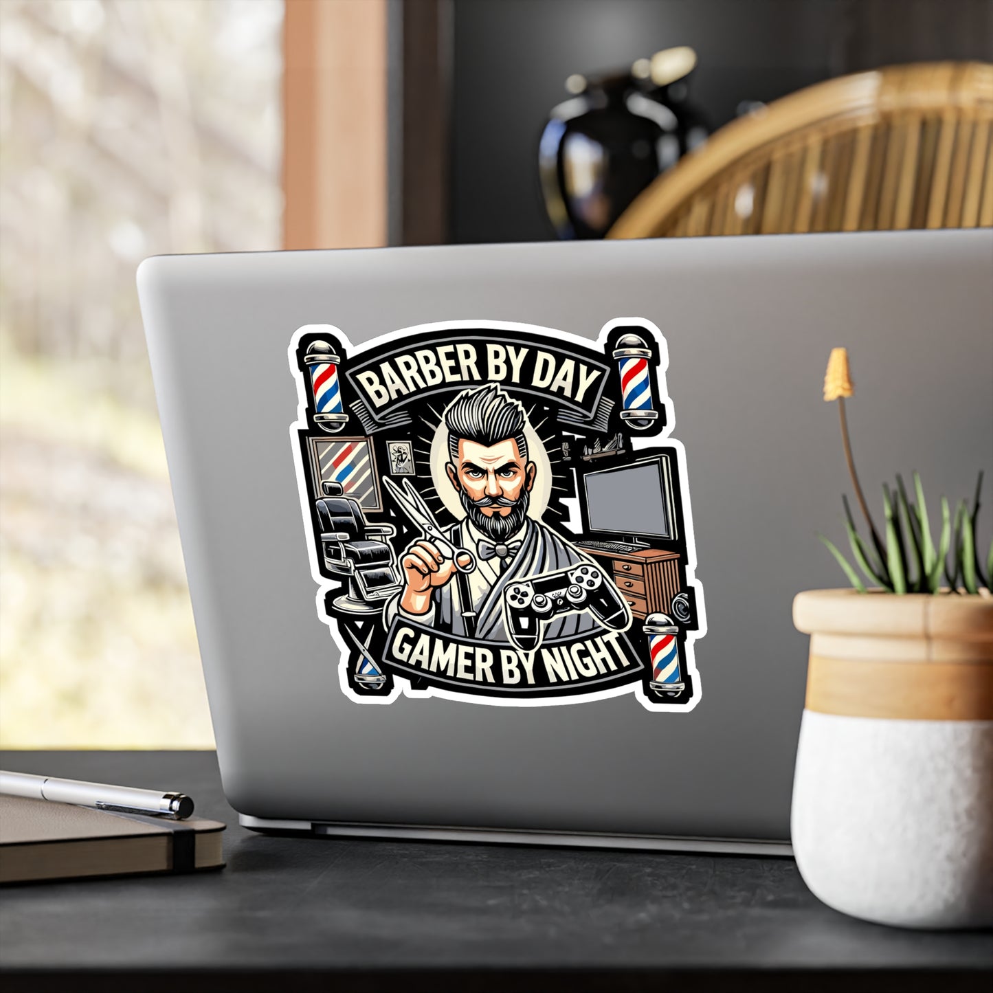 Barber By Day Gamer By Night - Barber Sticker for Laptop Sticker. Water Bottle Sticker, Vinyl Gamer Decal - Barber Gift