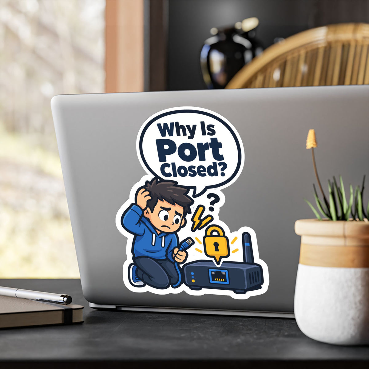 Tech Sticker - Why Is Port Closed - A Bandage for Your Reboot Button, Funny Decals for Laptop and Water Bottle