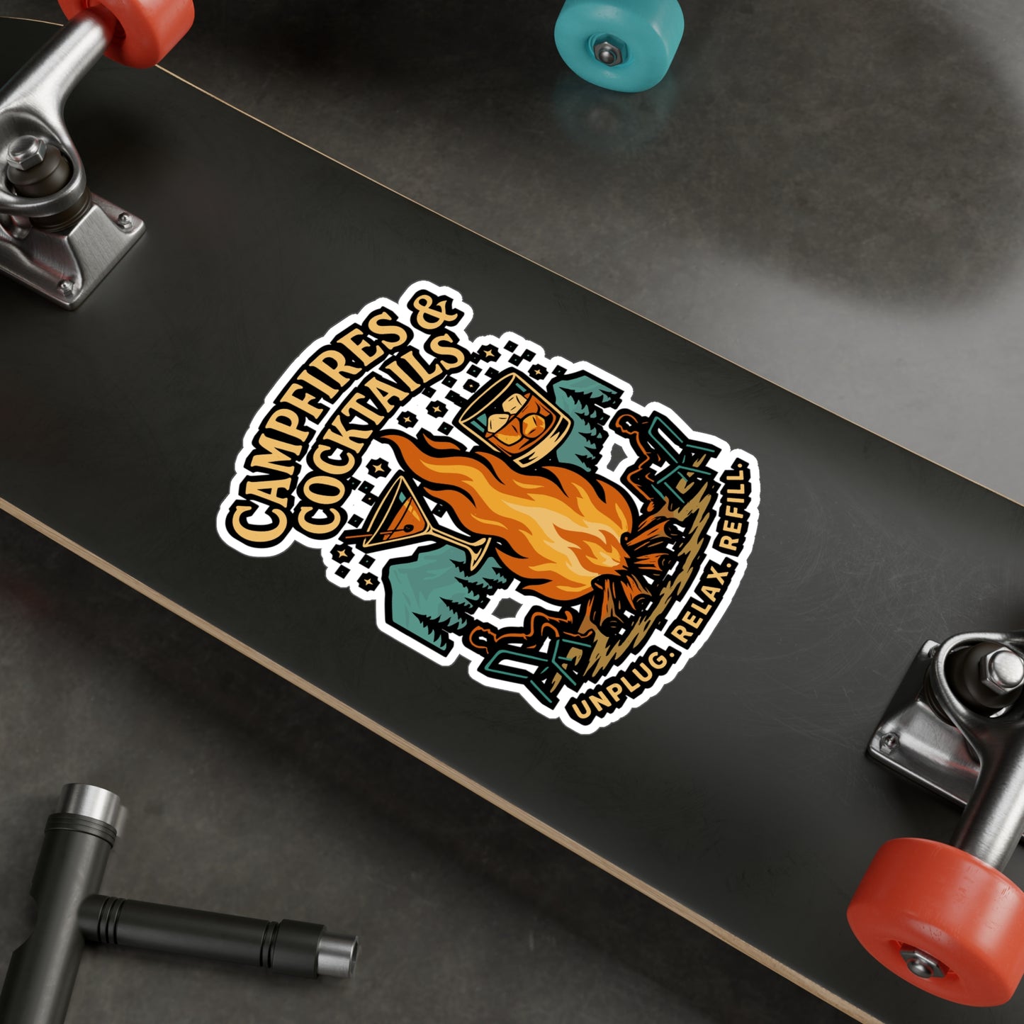 Campfires & Cocktails – Camping Sticker for Laptop or Water Bottle | Vinyl S’mores Decal, Outdoor Adventure Gift
