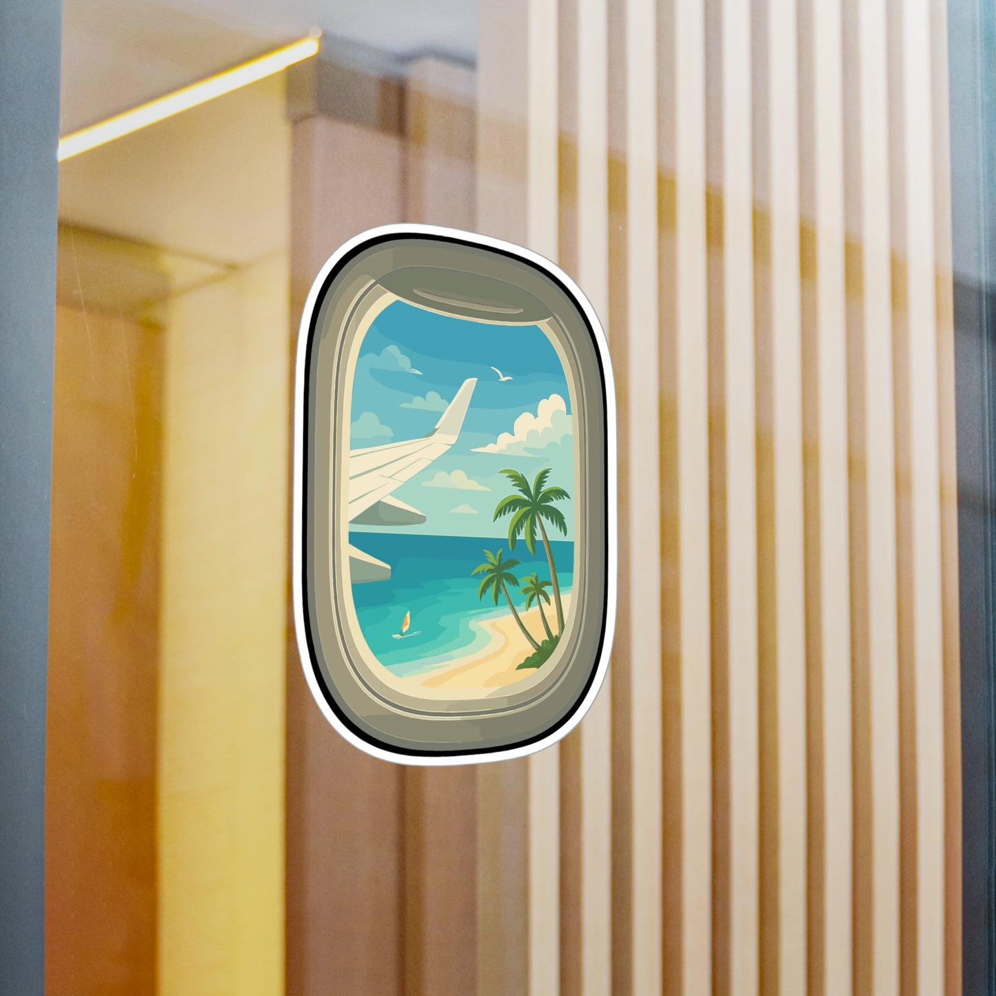 Airplane Sticker – Sunny Beach View From Airplane Window Decals, Tropical Vinyl, Waterproof for Laptop, Water Bottle, Travel Decor