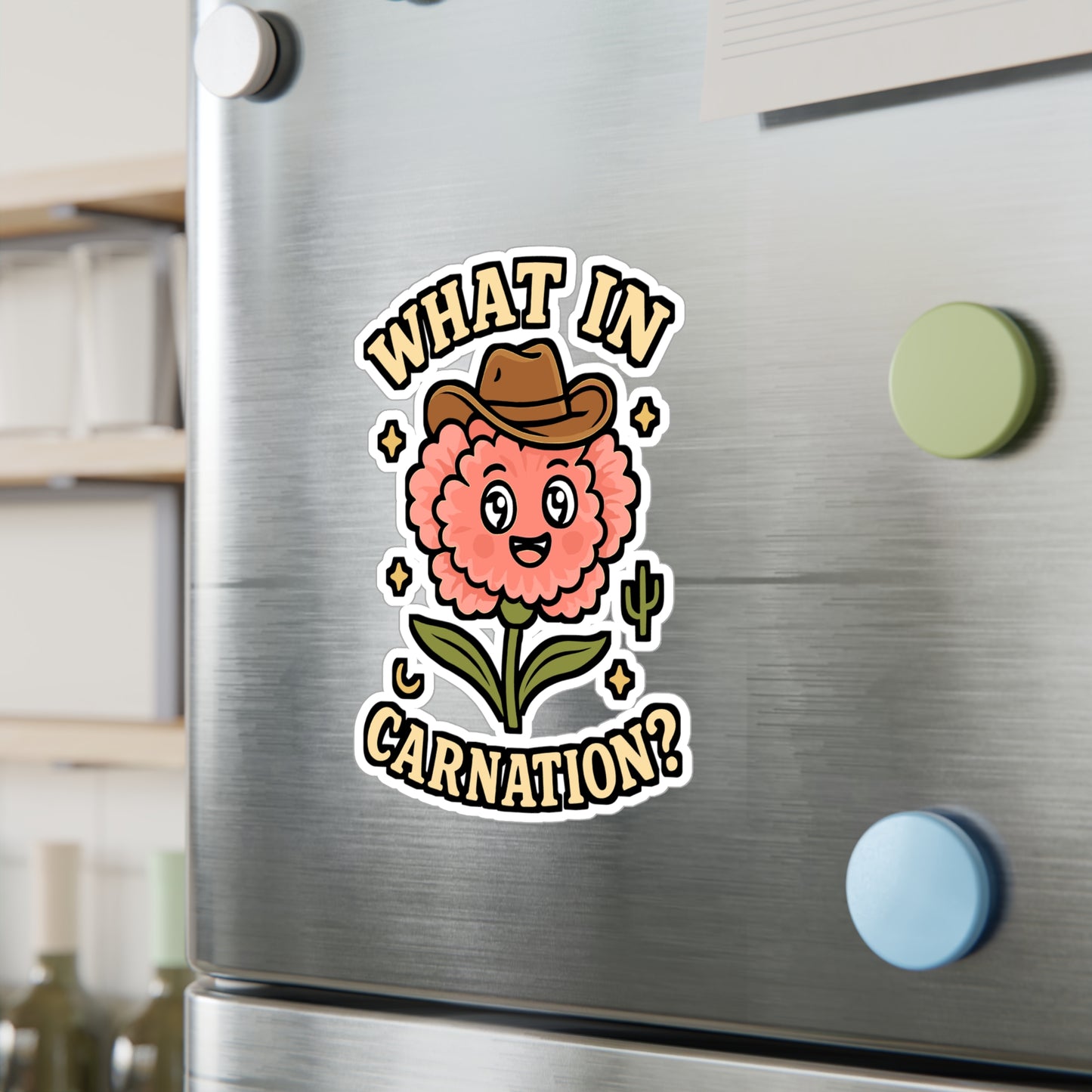 Cowboy Sticker – Kawaii "What In Carnation" Decals, Flower Pun Design, Waterproof Vinyl for Laptop, Water Bottle