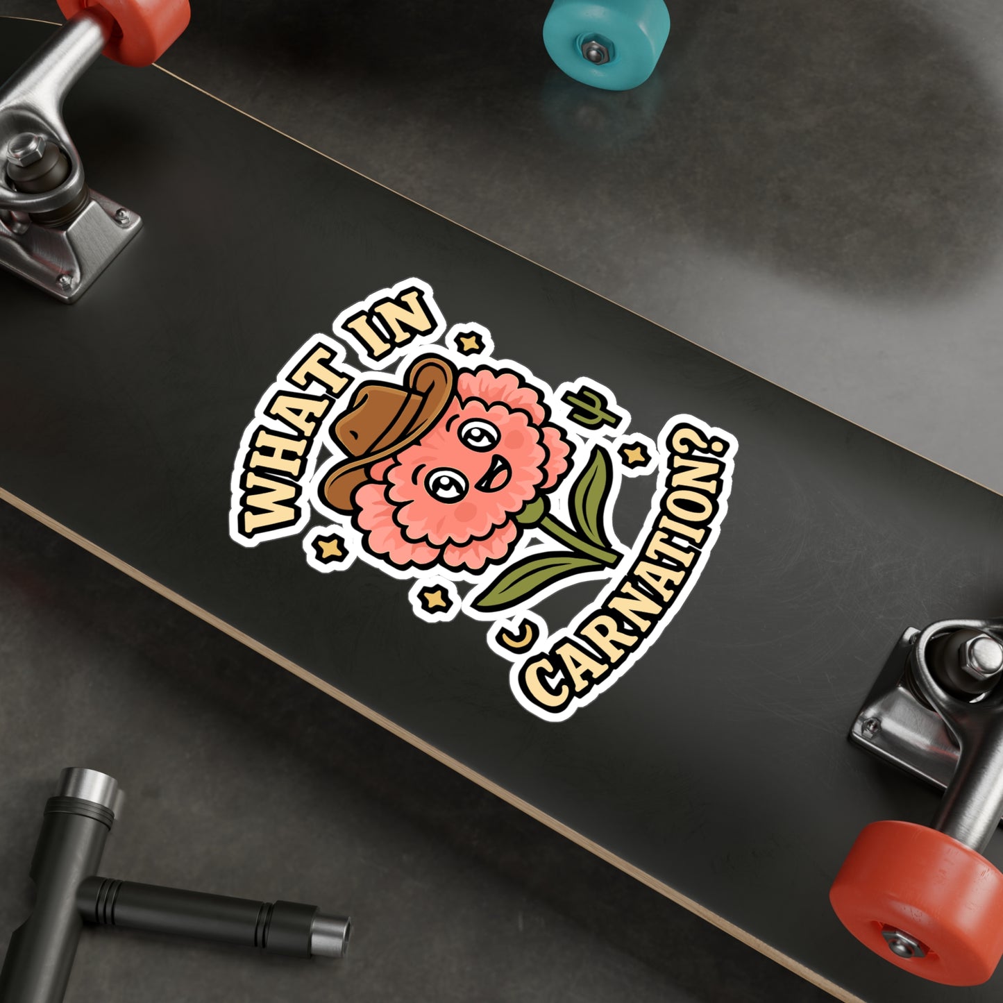 Cowboy Sticker – Kawaii "What In Carnation" Decals, Flower Pun Design, Waterproof Vinyl for Laptop, Water Bottle