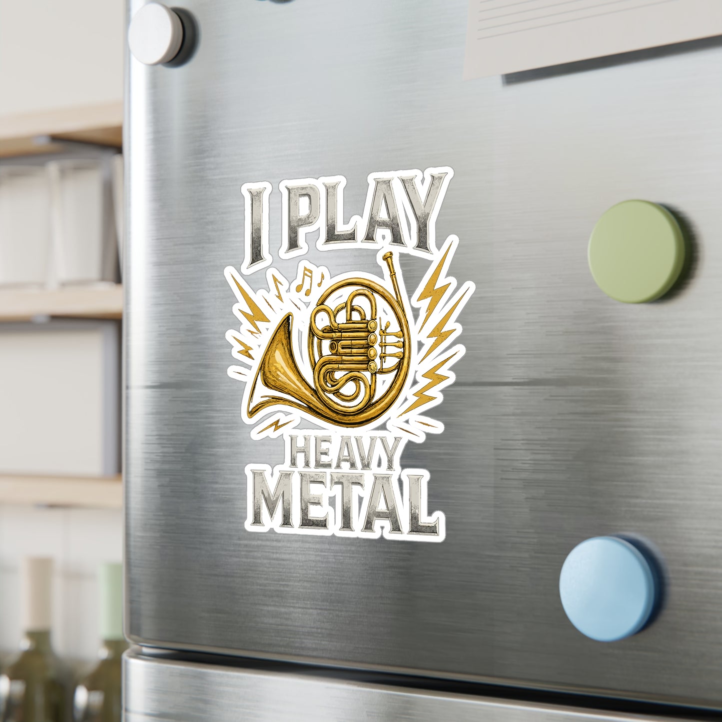 French Horn Sticker – "I Play Heavy Metal" Waterproof Vinyl Decals for Musician, Marching Band, Laptop or Water Bottle