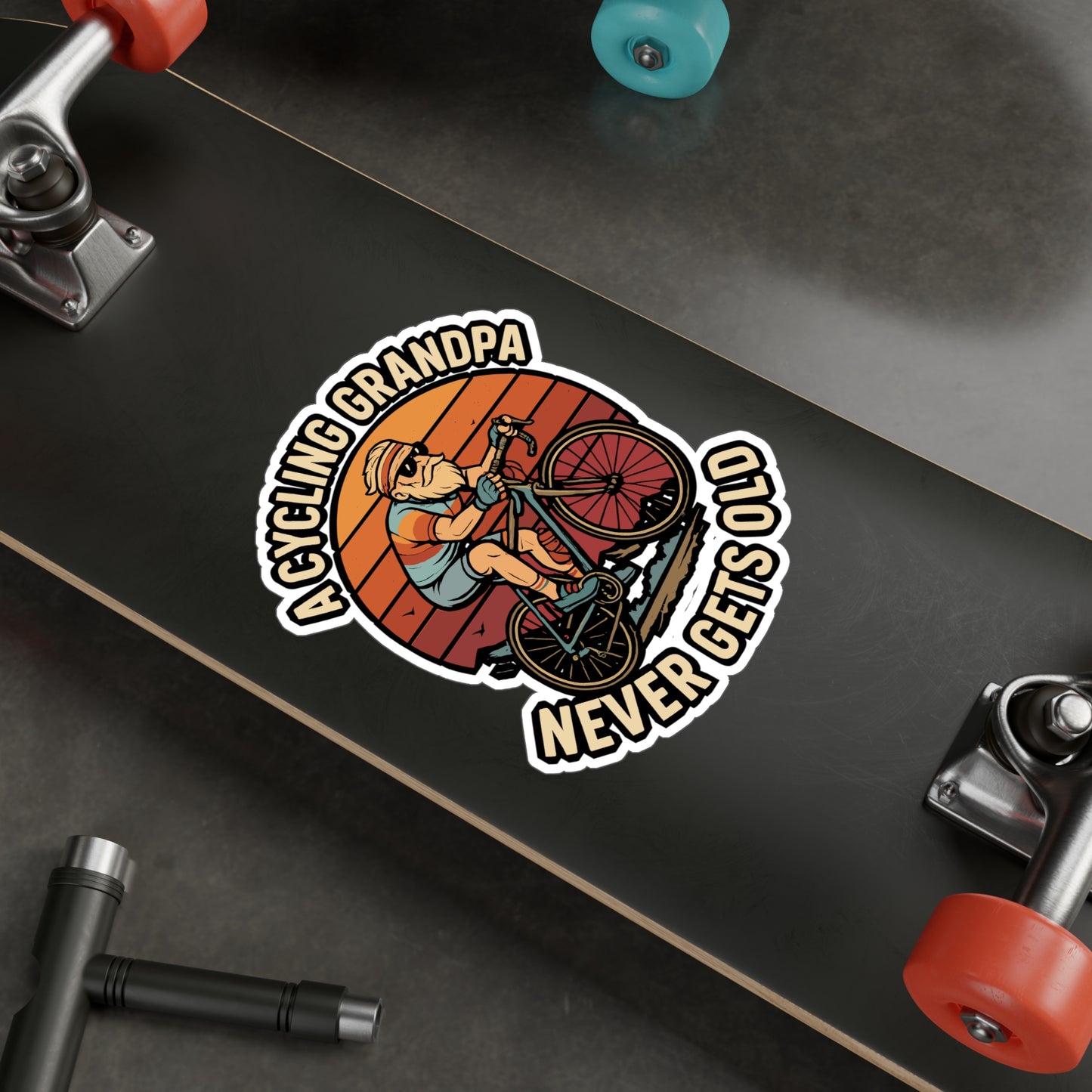 Cycling Sticker – "A Cycling Grandpa Never Gets Old" Decals, Waterproof Vinyl for Laptop, Water Bottle, Bike, Chain Crank Pedal Theme