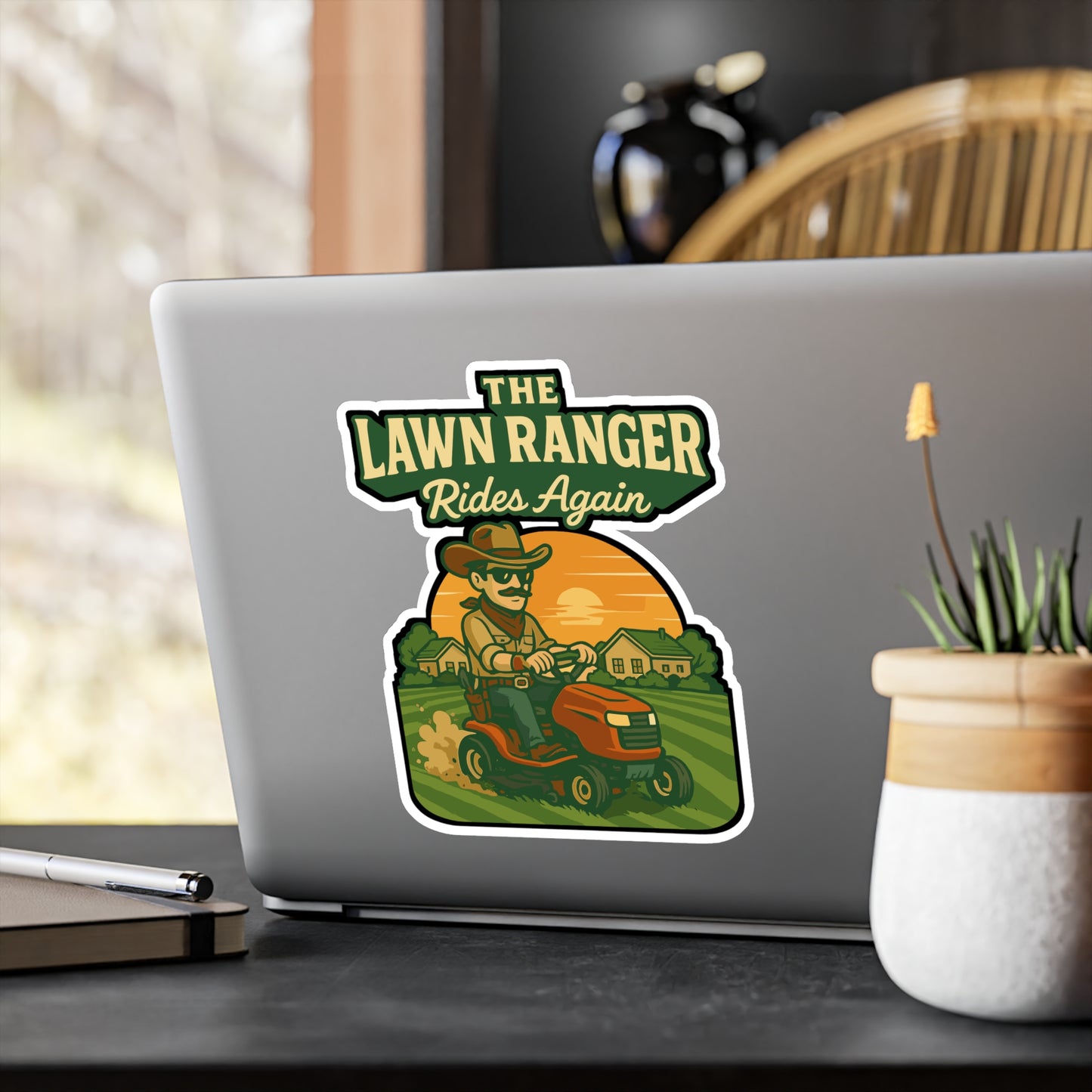 The Lawn Ranger Rides Again - Landscaper Sticker for Toolboxes, Laptops - Funny Gift for Gardeners, Yard Crew
