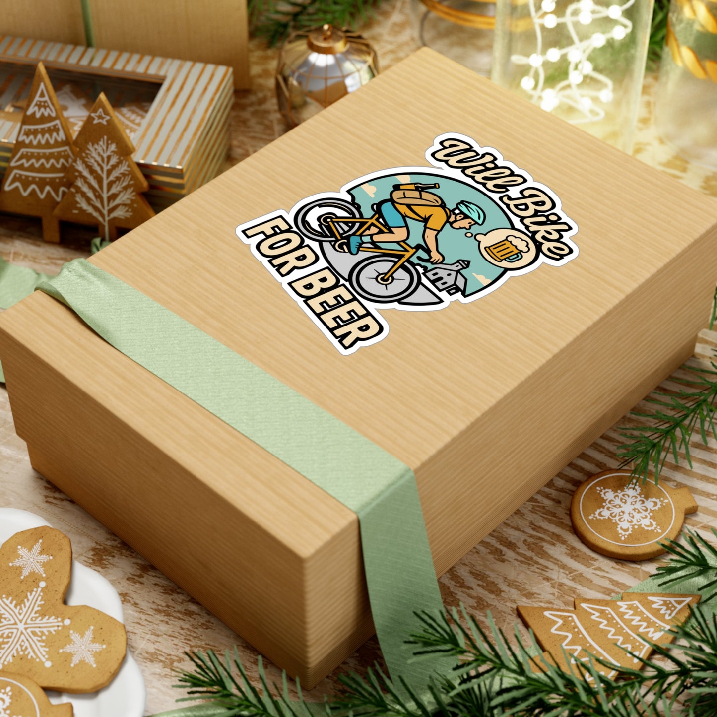 Will Bike for Beer – MTB Sticker for Car, Laptop, Water Bottle & Mountain Biker Gifts