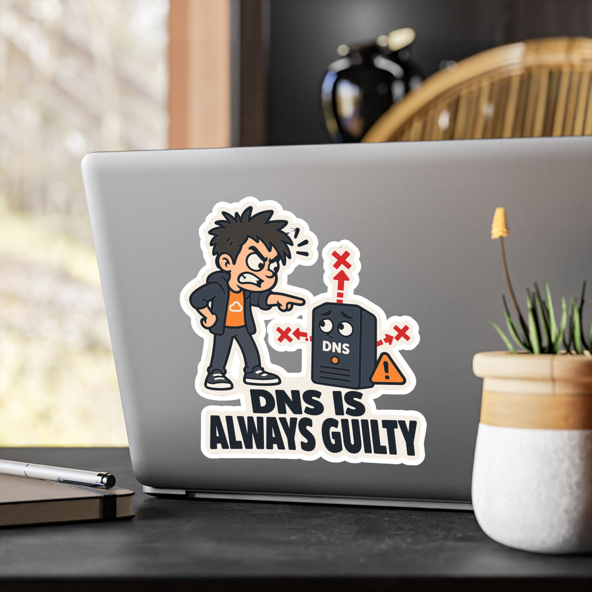 Frustrated Sticker - DNS Is Always Guilty, Cartoon Homelabber Pointing Accusingly, Funny Decals for Laptop and Water Bottle
