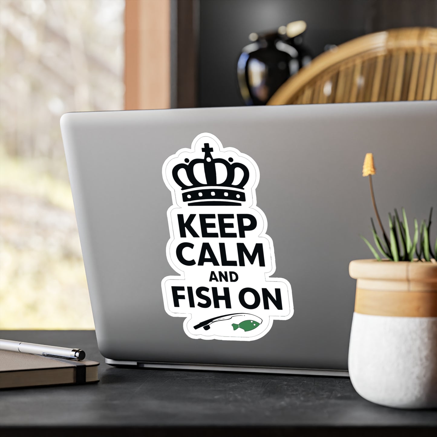 Fishing Sticker Keep Calm And Fish On – Waterproof Vinyl Decals for Laptop Water Bottle, Angling Lake Boating Design
