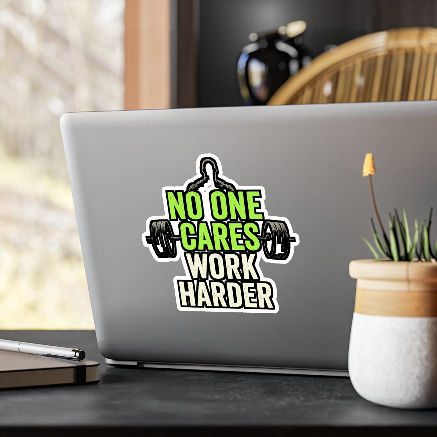 Workout Sticker – "No One Cares Work Harder" Vinyl Decals for Laptop or Water Bottle, Leg-Day, Dumbbells & Weightlifting, Waterproof Fitness Motivation