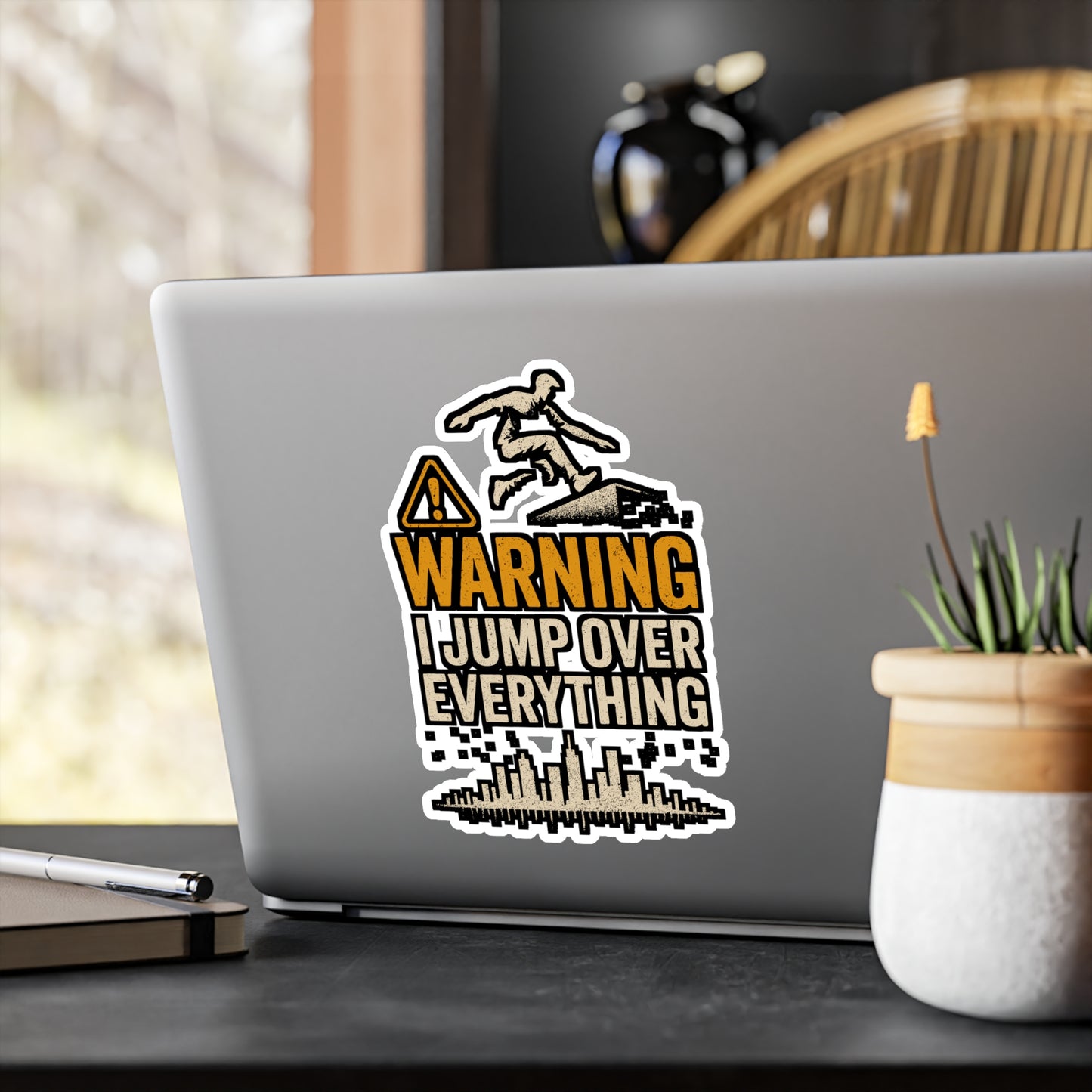 Warning I Jump Over Everything – Parkour Sticker for Laptop, Water Bottle, and Skateboard | Vinyl Freerunning Decal – Urban Sport Gift