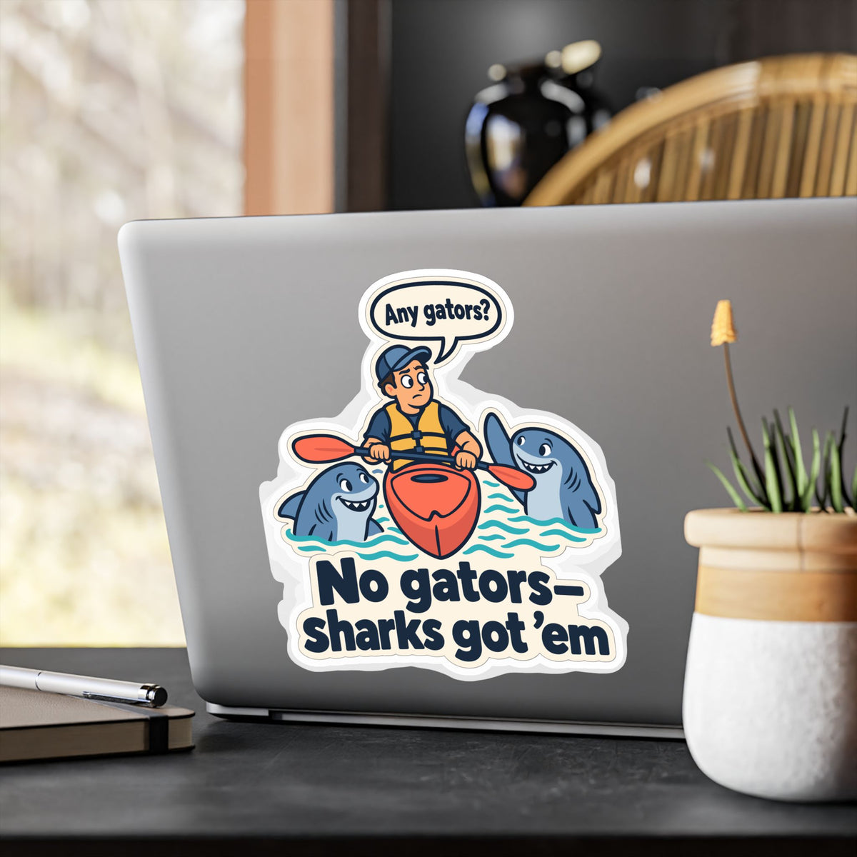 Kayak Sticker - No Gators—Sharks Got ’Em - Funny Decals for Kayaking and Rowing Fans