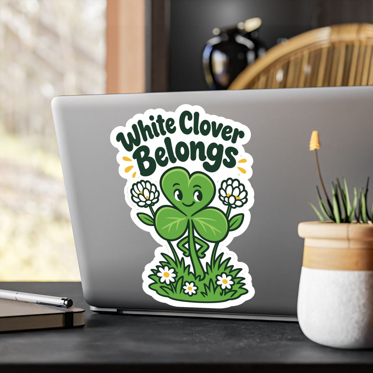 Plants Sticker – White Clover Belongs, Clover and Dandelion Decals Inspired by Nature and Friendship for Laptop or Water Bottle