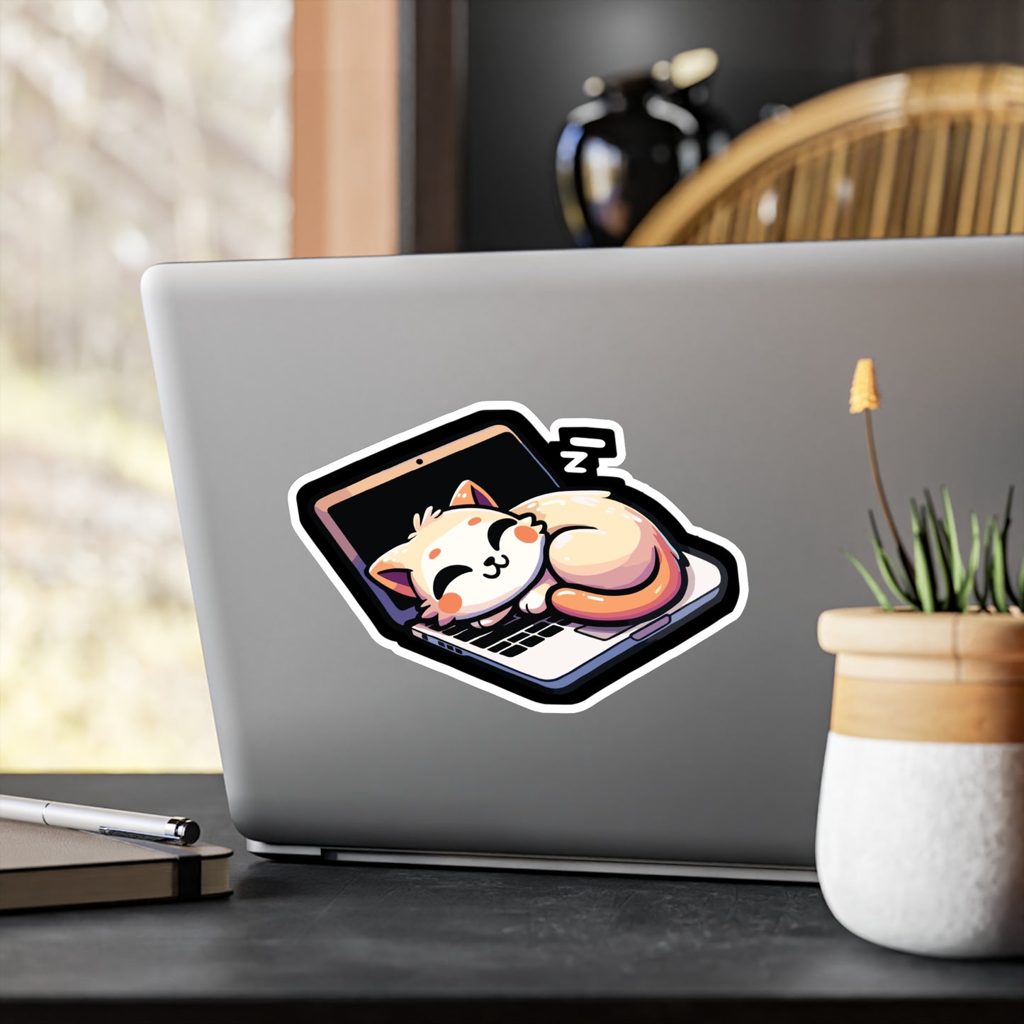Cat sleeping at Laptop - Cat Sticker for Car Window Laptop Sticker. Water Bottle Sticker, Vinyl Kittens Decal, Cats Sticker - Cat Gift