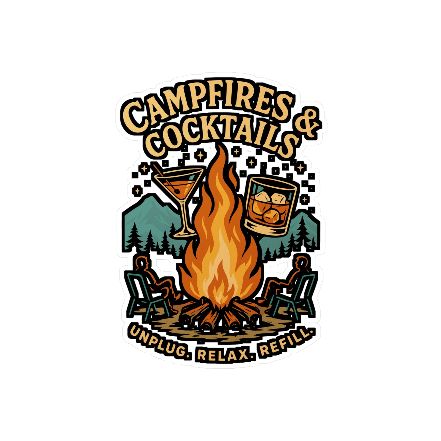 Campfires & Cocktails – Camping Sticker for Laptop or Water Bottle | Vinyl S’mores Decal, Outdoor Adventure Gift
