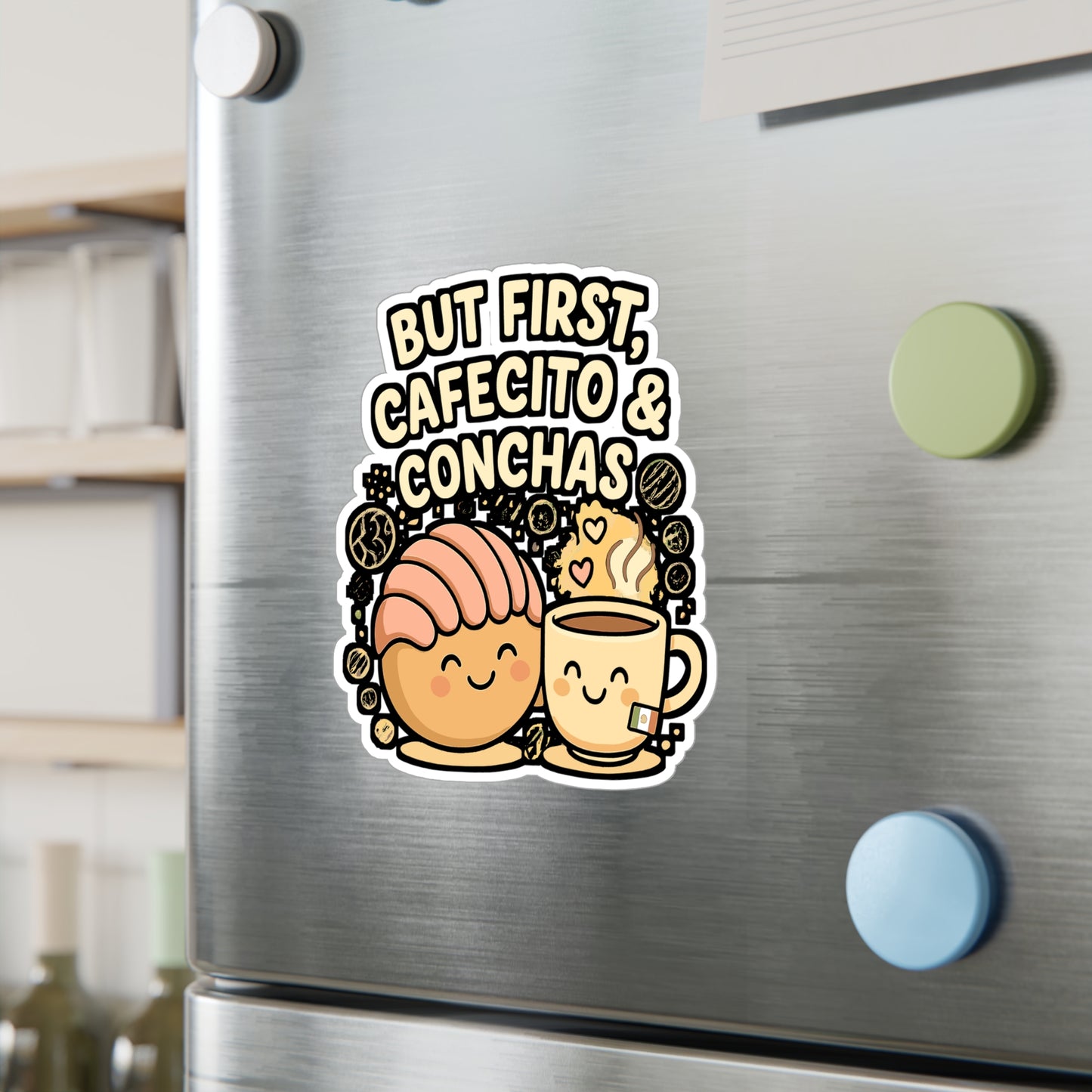 Concha Sticker Decals – "But First Cafecito & Conchas" Vinyl Waterproof Coffee Lover Design for Laptop, Water Bottle, Caffeine Gifts
