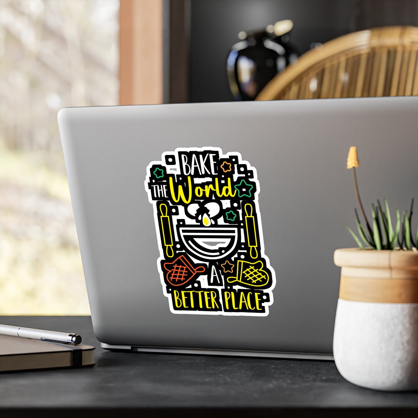 Bake The World A Better Place - Baking Sticker for Laptop Sticker. Water Bottle Sticker, Vinyl Whisk Decal - Baking Gift