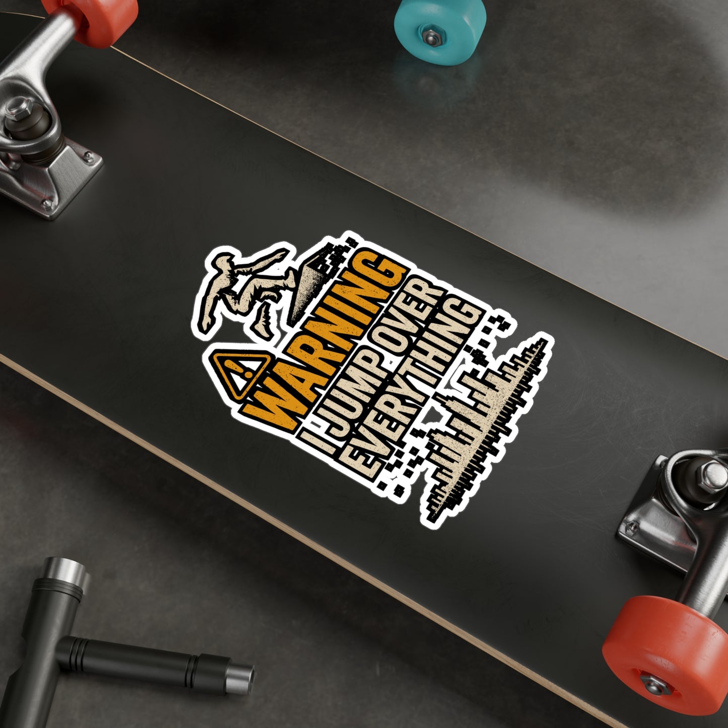 Warning I Jump Over Everything – Parkour Sticker for Laptop, Water Bottle, and Skateboard | Vinyl Freerunning Decal – Urban Sport Gift