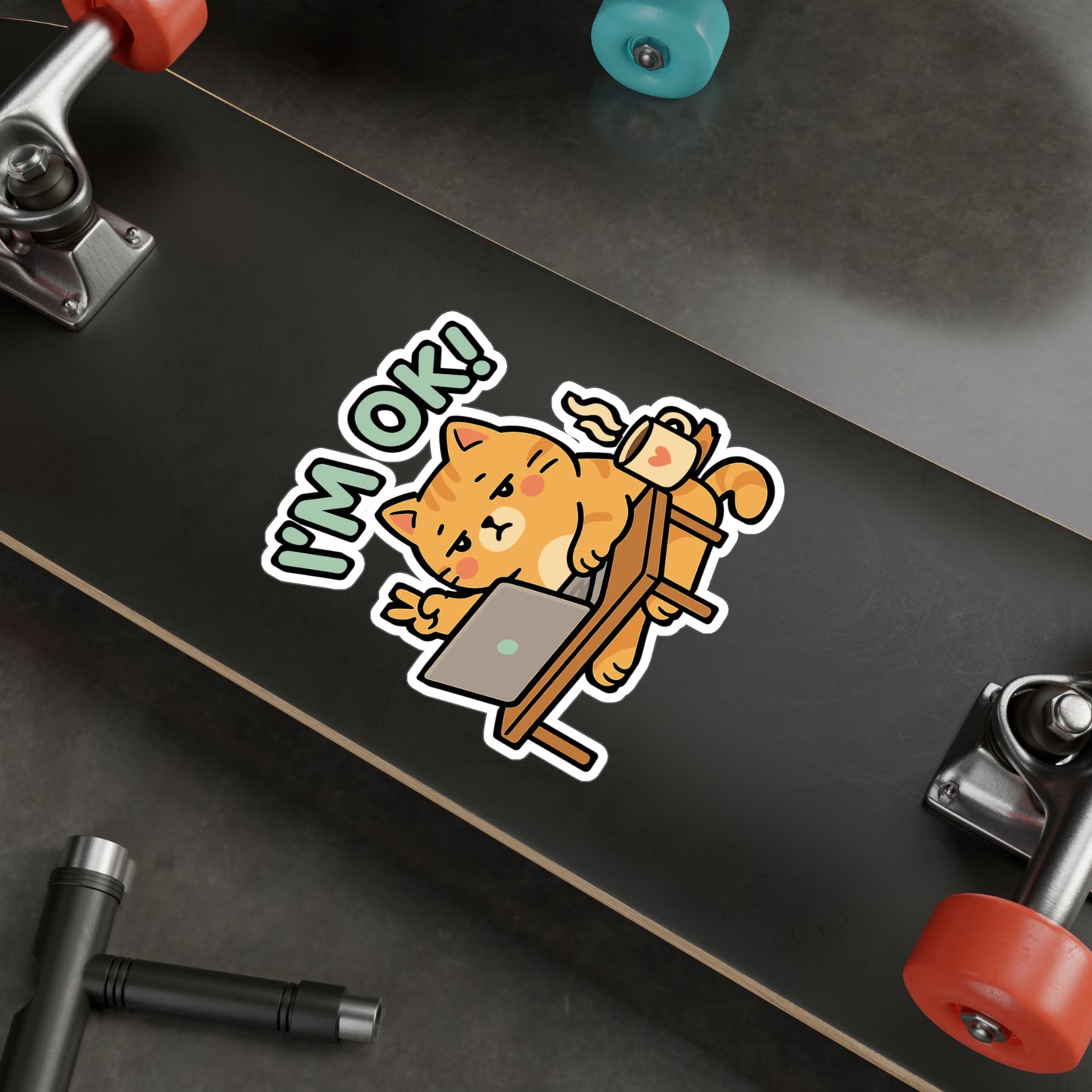 Cat Sticker – "I'm Ok" Cute Burnout Exhaustion Decals for Laptop, Water Bottle – Overwhelmed Cat Vinyl, Waterproof, Funny Gift