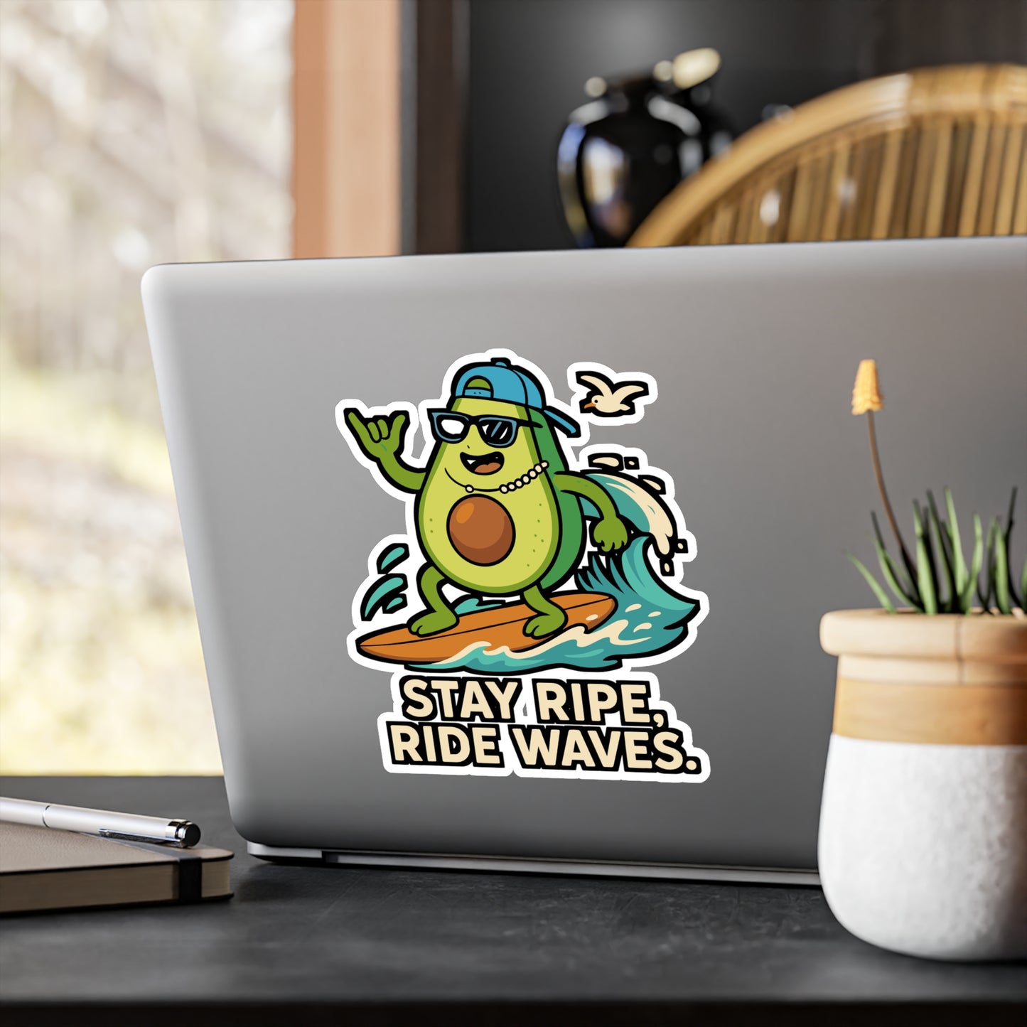 Stay ripe, ride waves - Surfing Sticker for Laptop, Water Bottle - Beach Lover Gift for Surfers, Skaters, Teens
