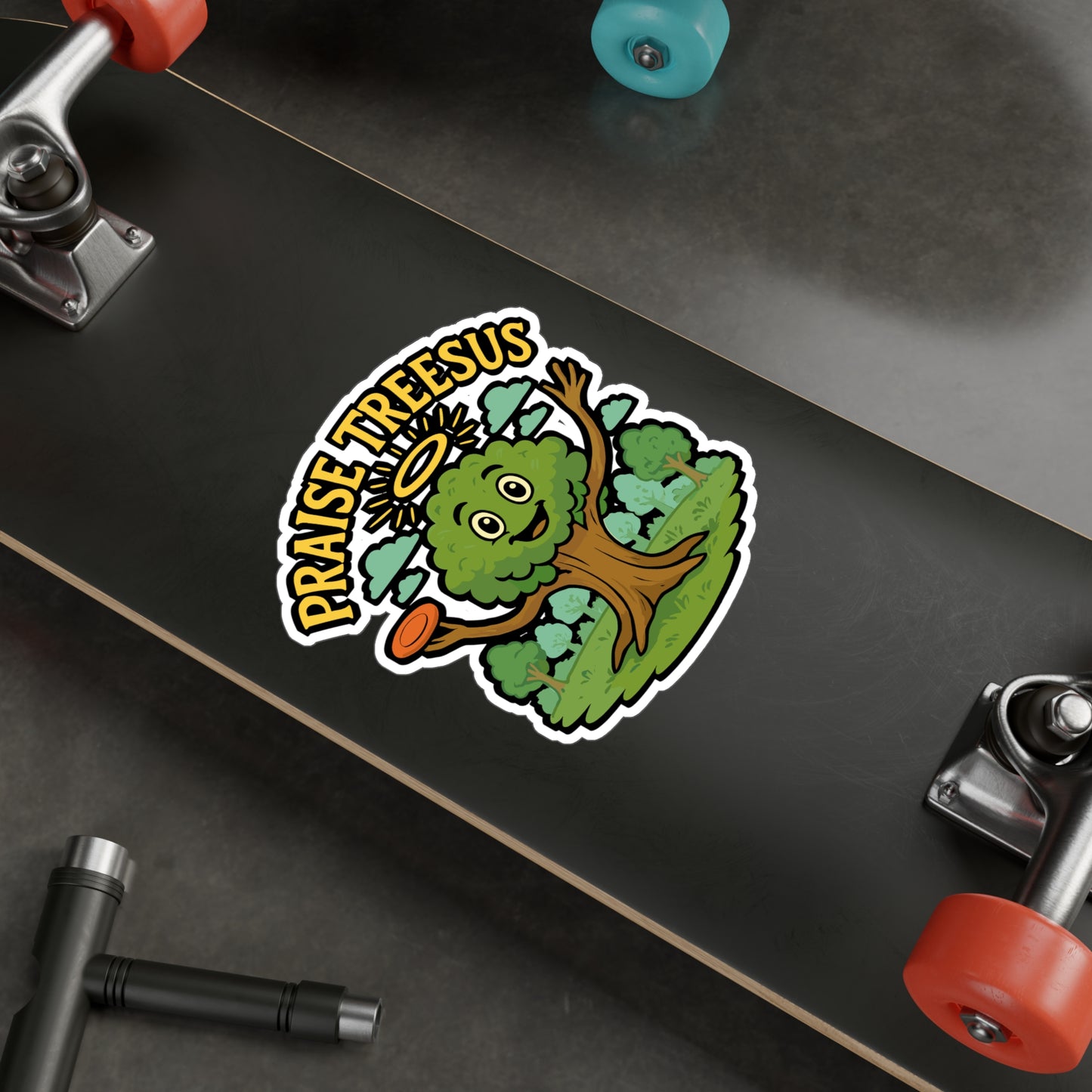 Disc Golf Sticker, Praise Treesus Design – Funny Frisbee Player Decals for Laptop, Water Bottle, Outdoors, Waterproof Vinyl