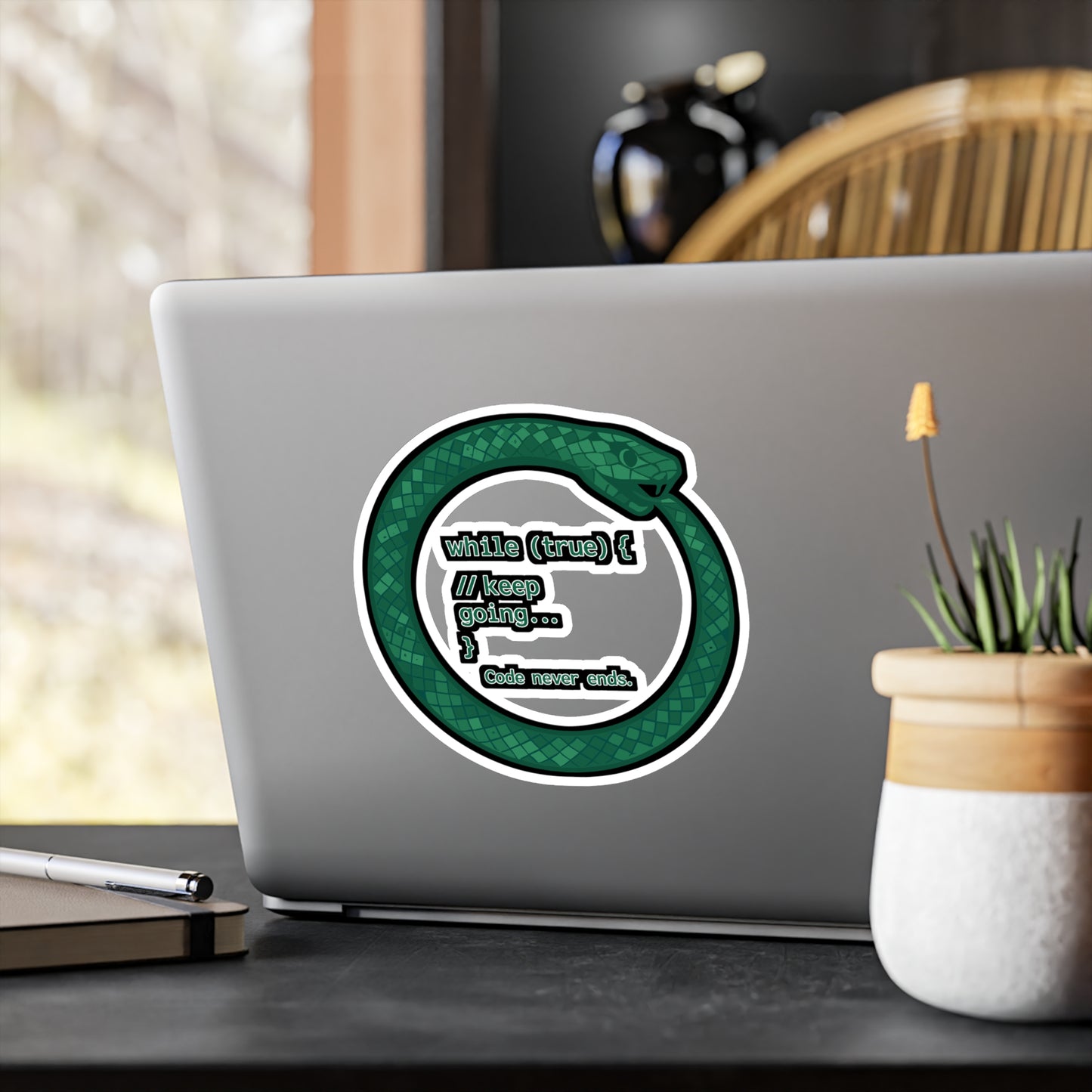 Snake Sticker – "While True" Ouroboros Loop Recursion Vinyl Decals, Waterproof for Laptop or Water Bottle
