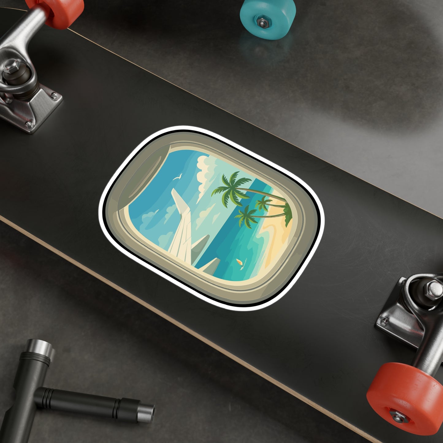 Airplane Sticker – Sunny Beach View From Airplane Window Decals, Tropical Vinyl, Waterproof for Laptop, Water Bottle, Travel Decor