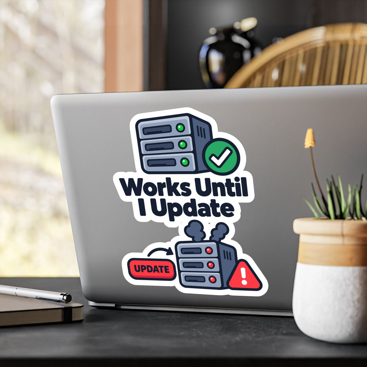 Tech Sticker Works Until I Update – Funny Reboot Button Bandage Design, Decals for Laptop and Water Bottle