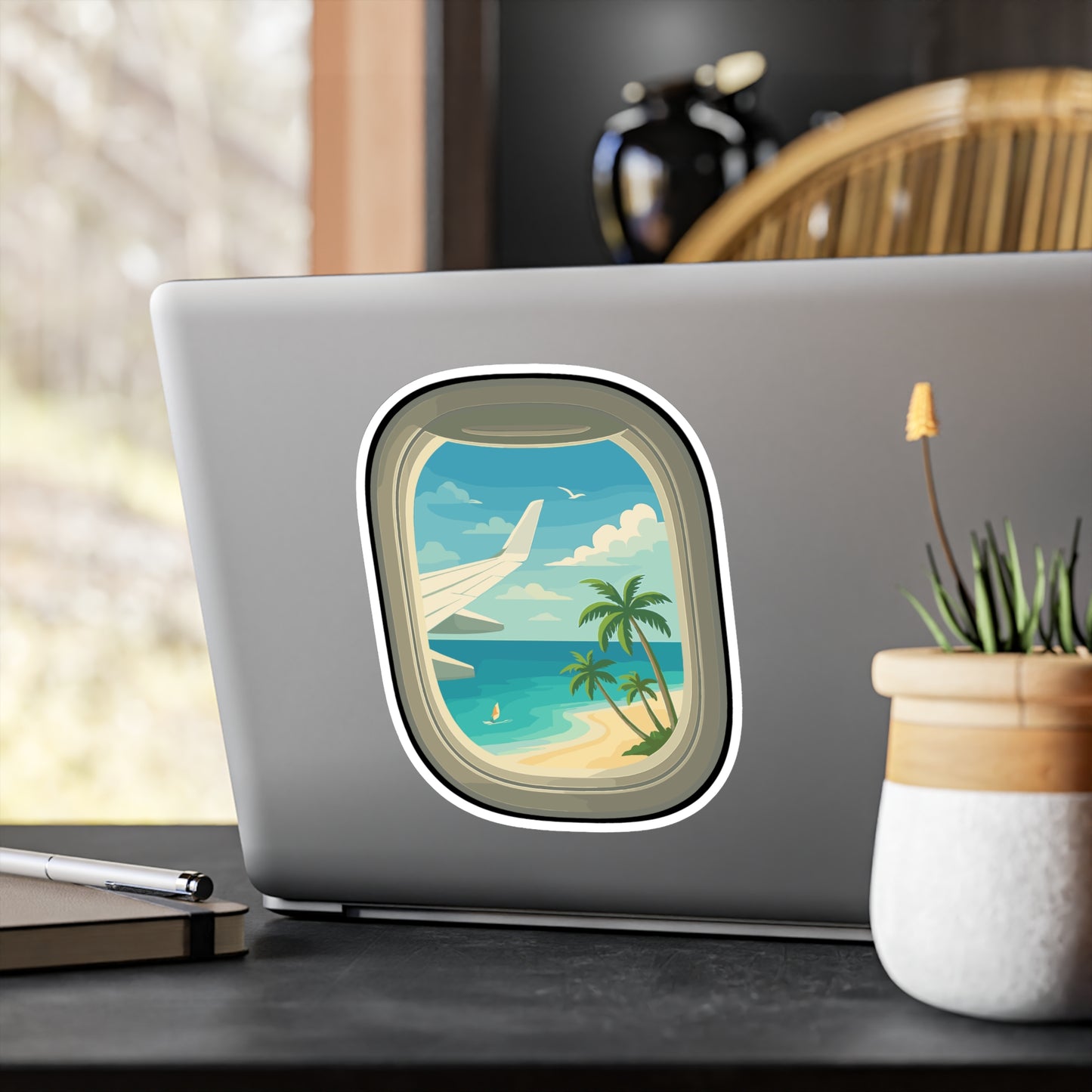 Airplane Sticker – Sunny Beach View From Airplane Window Decals, Tropical Vinyl, Waterproof for Laptop, Water Bottle, Travel Decor