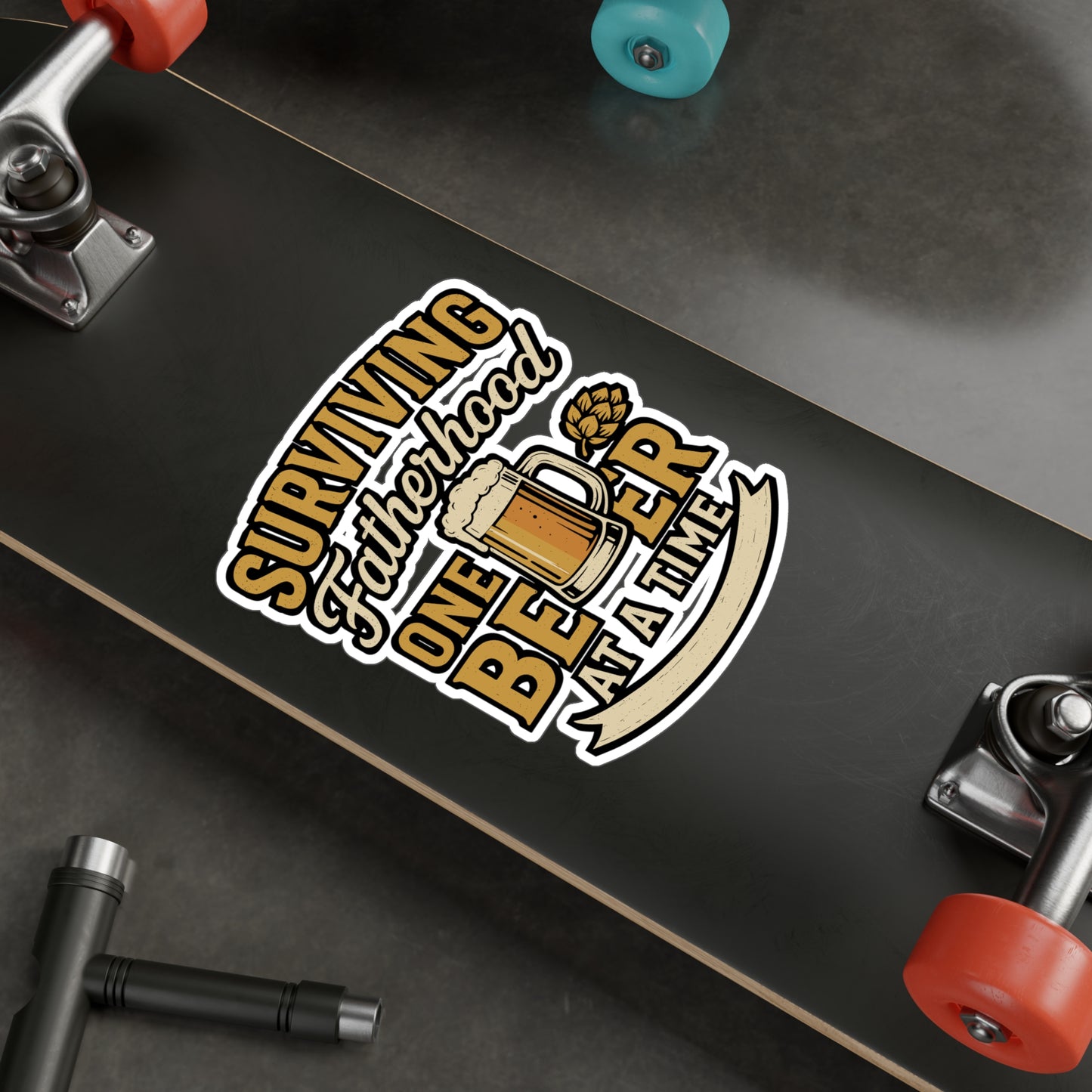 Surviving Fatherhood One Beer at a Time – Vinyl Sticker for Laptop or Water Bottle | Funny Dad Gift, Beer Lover Decal