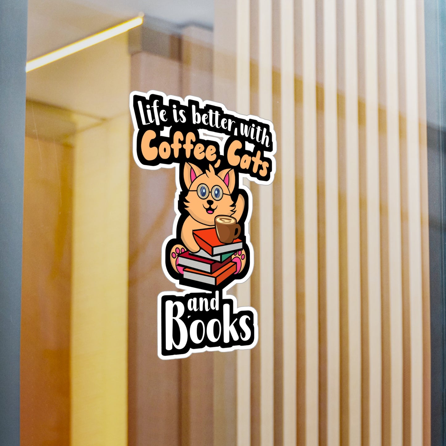 Coffee Cats Books - Coffee Sticker for Wall, Laptop, Window, Truck, Car Coffee Gift Vinyl Cats Decal Sticker