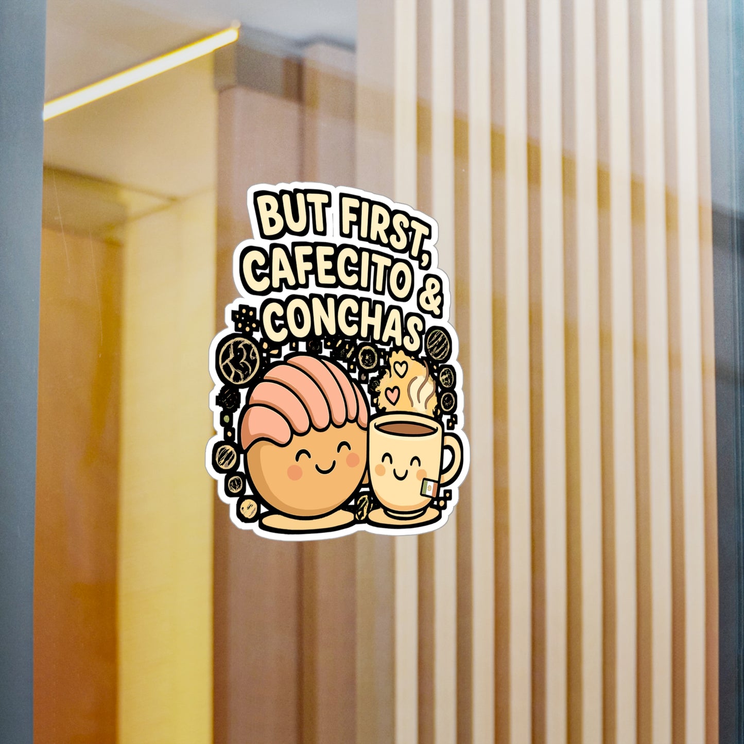 Concha Sticker Decals – "But First Cafecito & Conchas" Vinyl Waterproof Coffee Lover Design for Laptop, Water Bottle, Caffeine Gifts