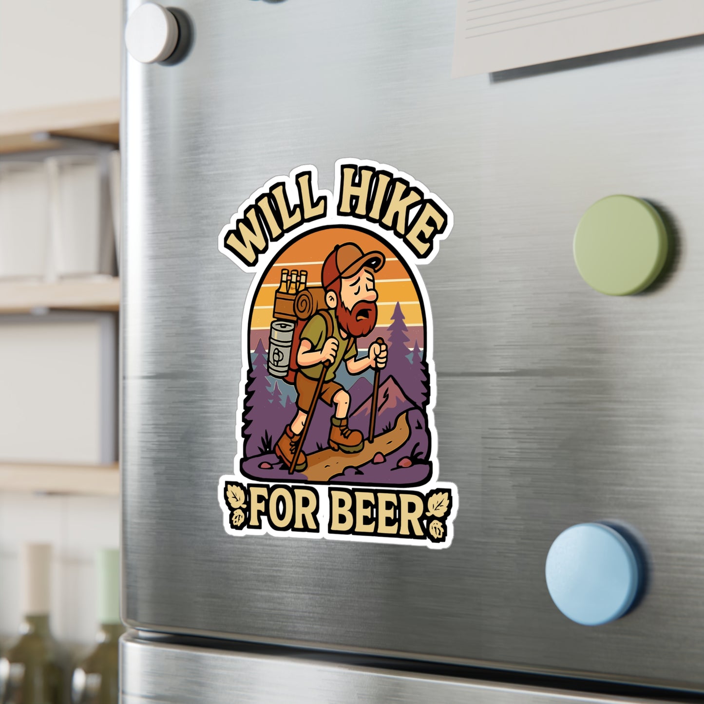 Will Hike For Beer - Hiking Sticker for Water Bottles, Laptops - Funny Gift for Hikers, Outdoors Enthusiasts