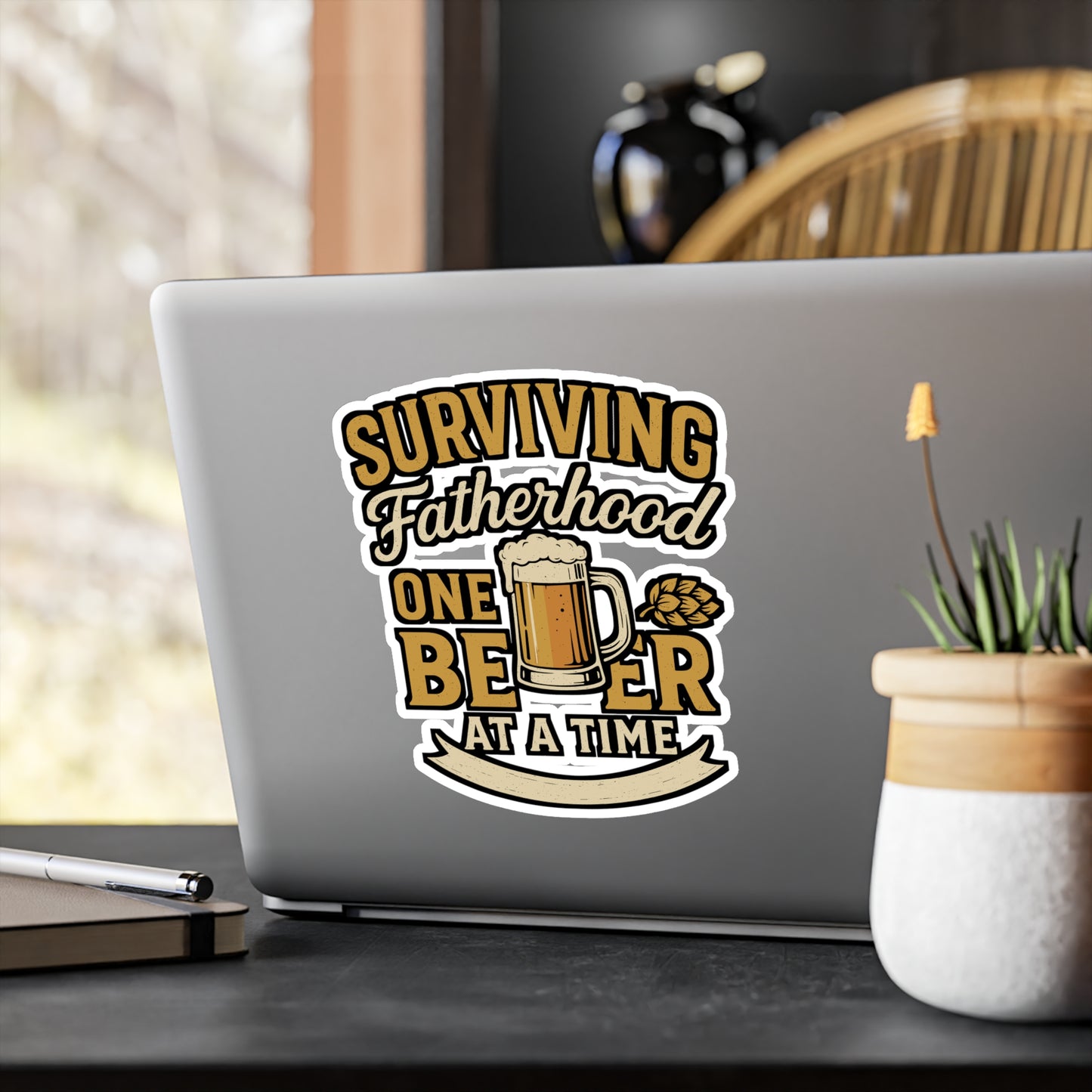 Surviving Fatherhood One Beer at a Time – Vinyl Sticker for Laptop or Water Bottle | Funny Dad Gift, Beer Lover Decal
