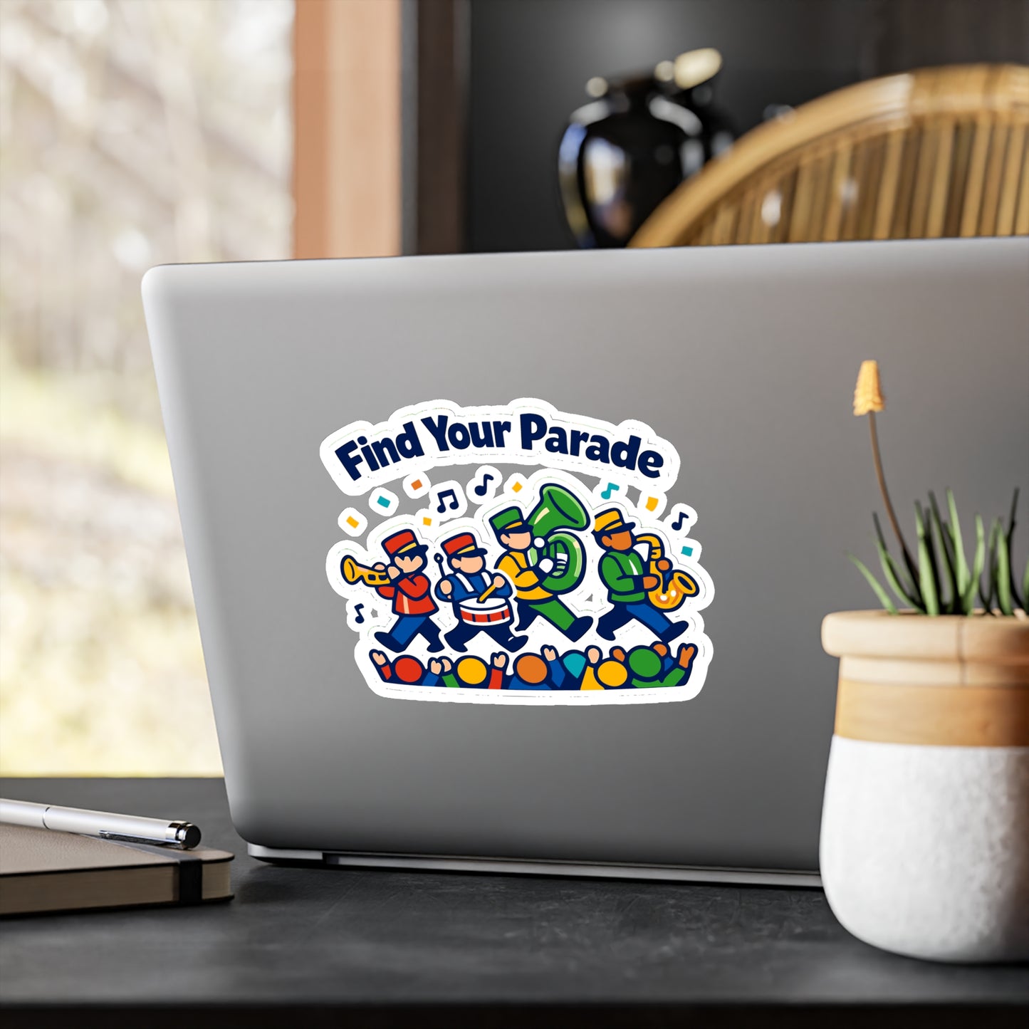 Marching BandSticker Find Your Parade, Waterproof Vinyl Decals for Laptop, Water Bottle, Drummer Mellophone Band Director Gift