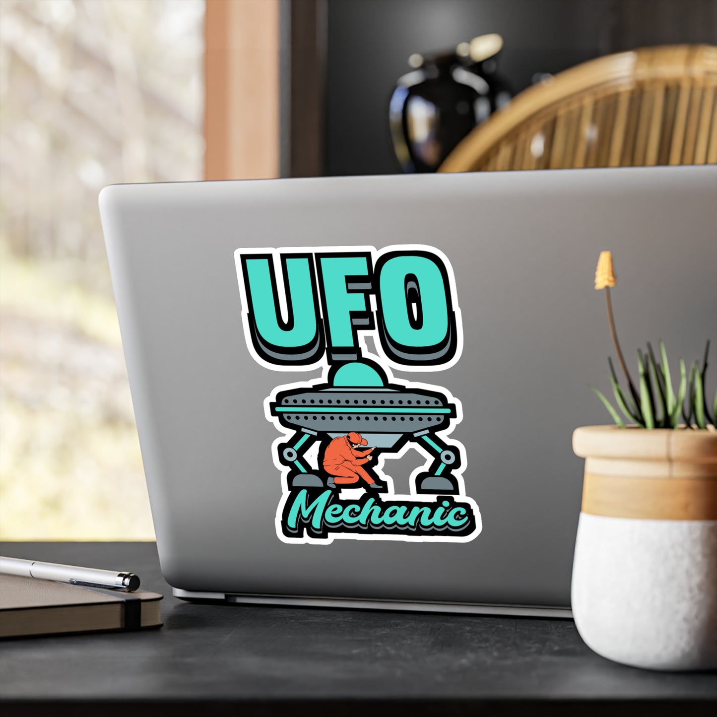 UFO Mechanic - Alien Sticker for Car Window Laptop Sticker. Water Bottle Sticker, Vinyl Space Decal, Area 51 Sticker - Alien Gift