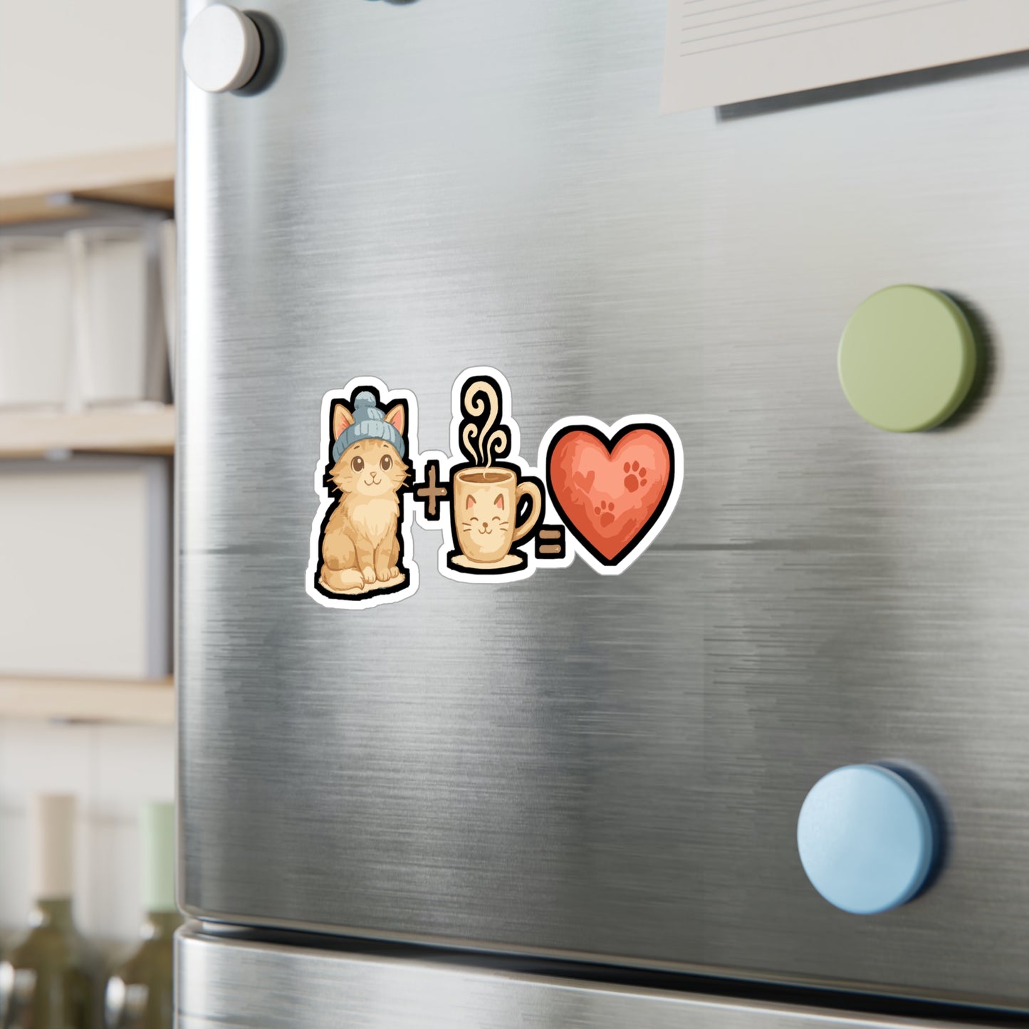 Cat plus Coffee is equal to Heart - Cat Sticker for Laptop, Water Bottle - Gift for Pet Lovers, Coffee Fans