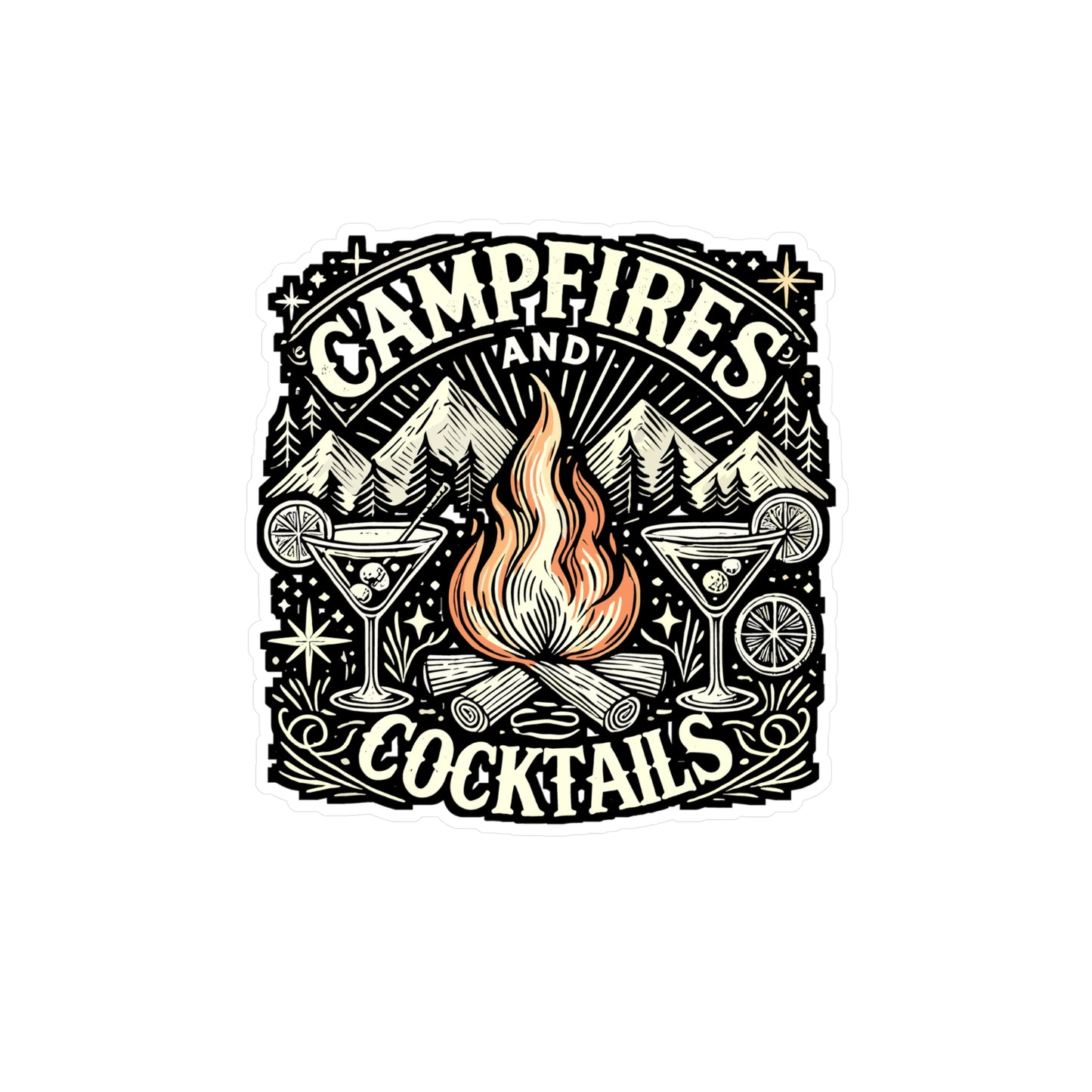 Campfires and Cocktails – Vinyl Sticker for Laptop or Water Bottle | Camping & Cocktail Lover Gift