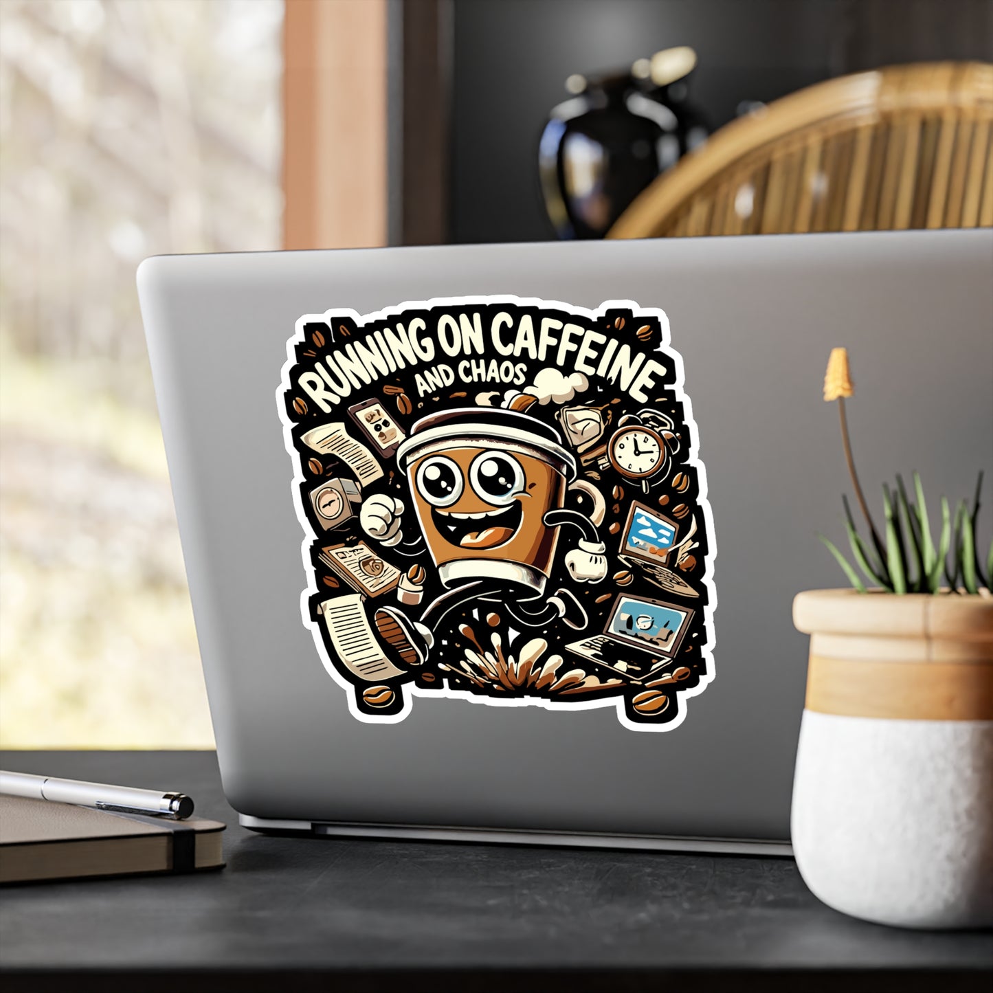 Running on Caffeine and Chaos - Caffeine humor Sticker for Laptop Sticker. Water Bottle Sticker, Vinyl Funny coffee art Decal - Caffeine humor Gift