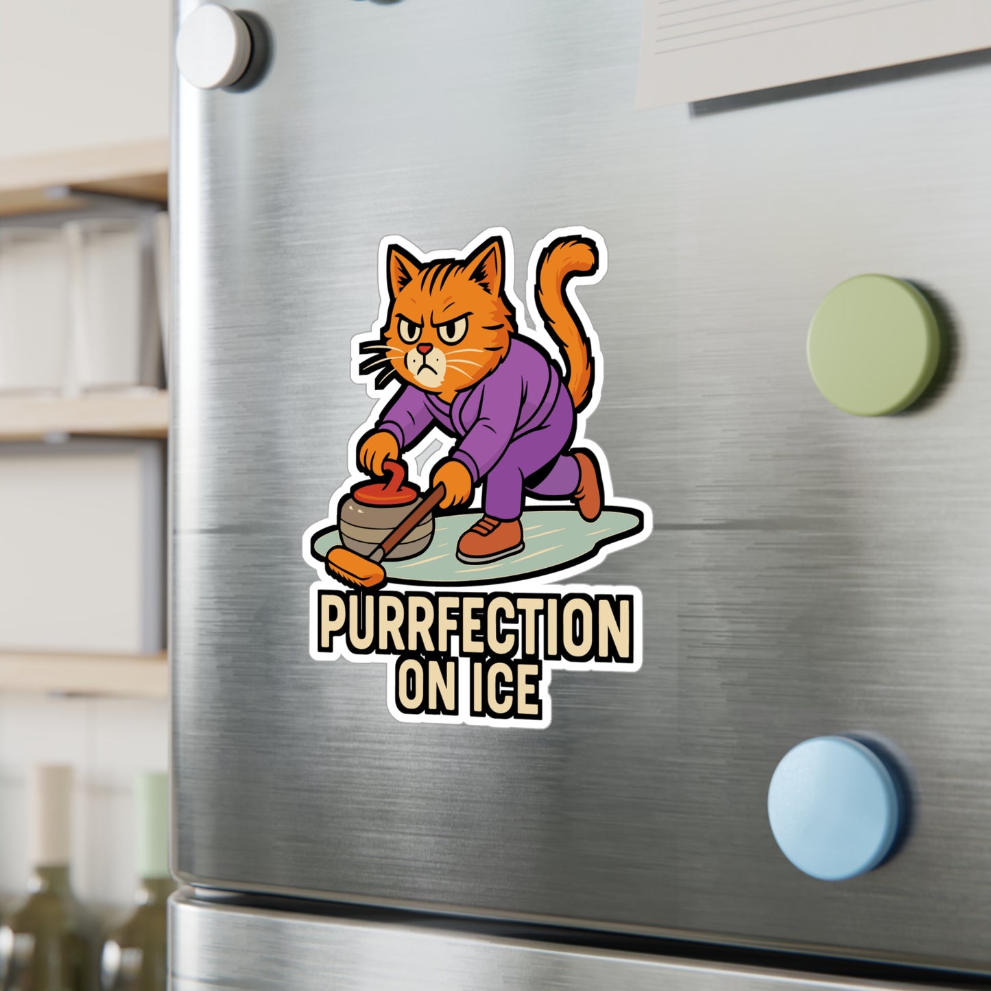 Purrfection on Ice - Curling Sticker for Laptop, Water Bottle - Fun Gift for Curling Fans and Cat Lovers