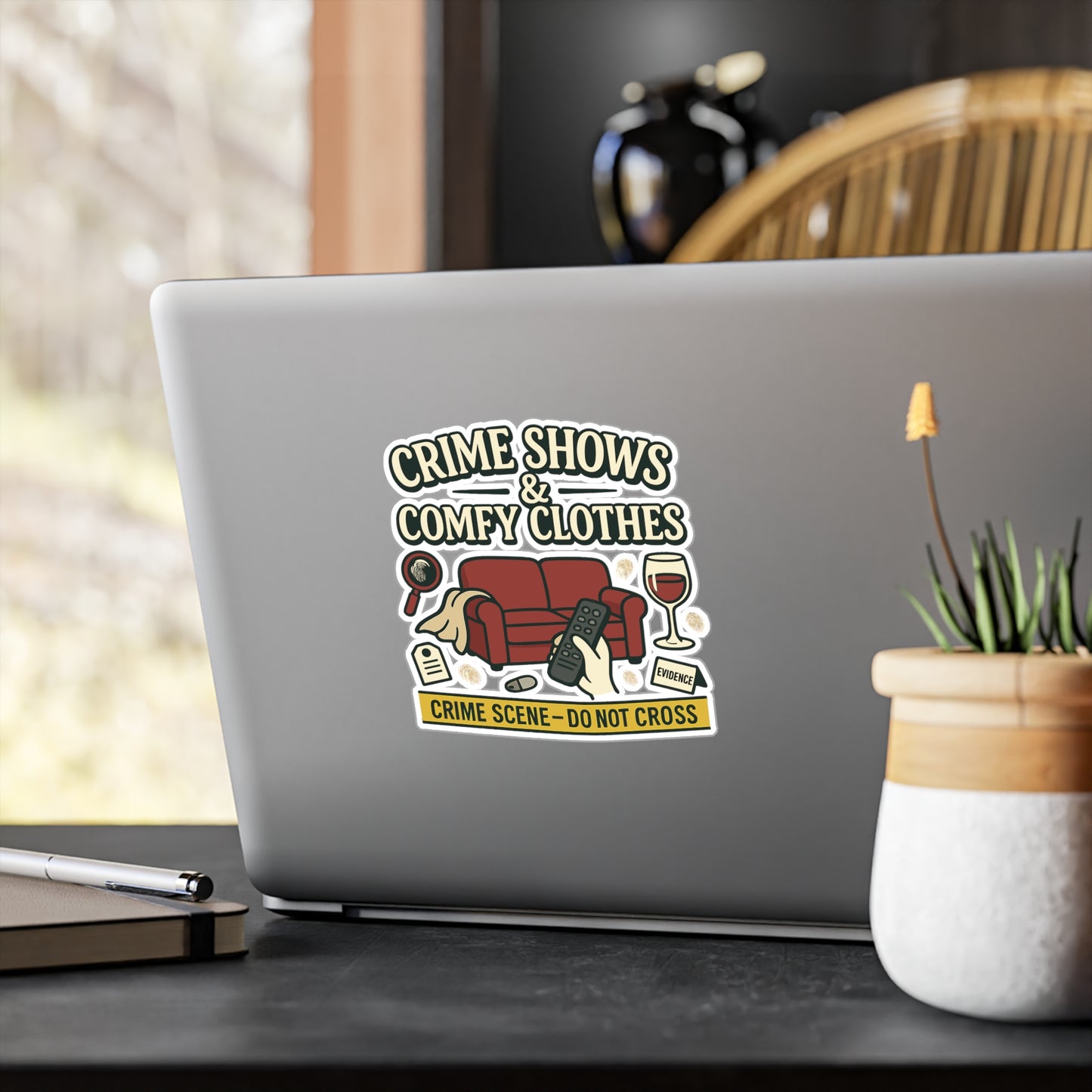 True Crime Sticker Decals – "Crime Shows & Comfy Clothes" Design, Waterproof Vinyl for Laptop, Water Bottle, Documentary, Serial-Killer Fans