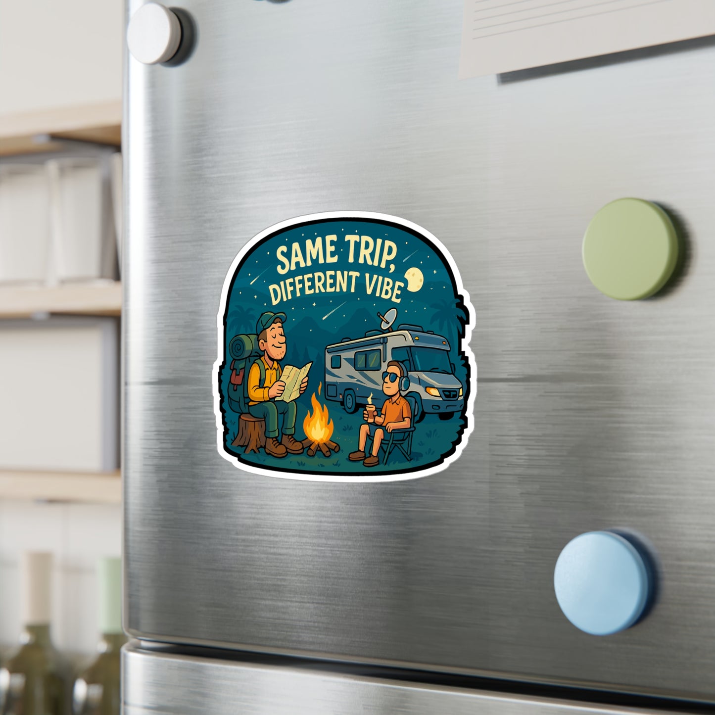 Backpacker Sticker – "Same Trip Different Vibe" Vinyl Decals for RV, Camping, Stargazing – Waterproof Laptop, Water Bottle Accessory