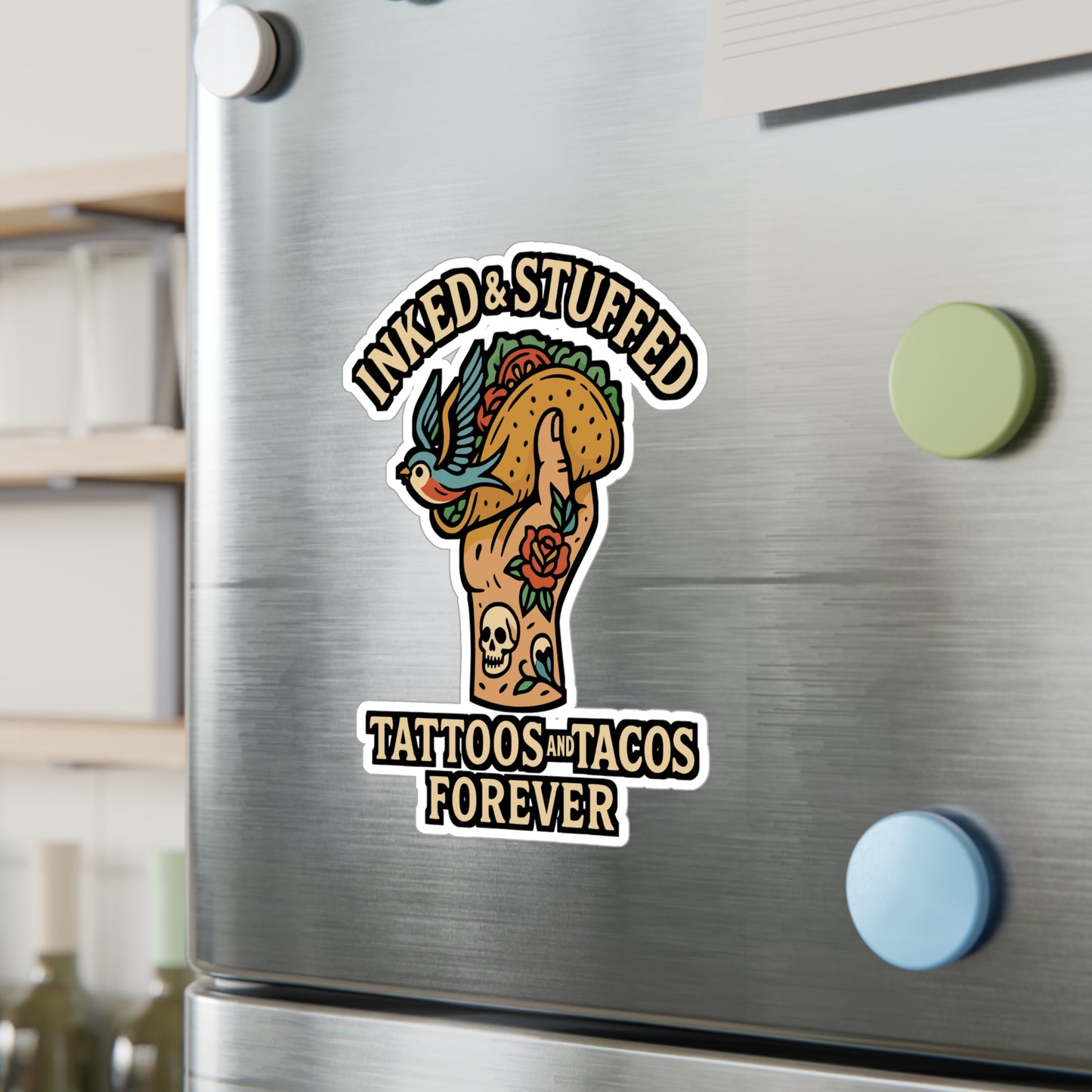 Inked & Stuffed – Tattoos and Tacos Forever Sticker for Laptop, Water Bottle & Tattoo Lover Gifts