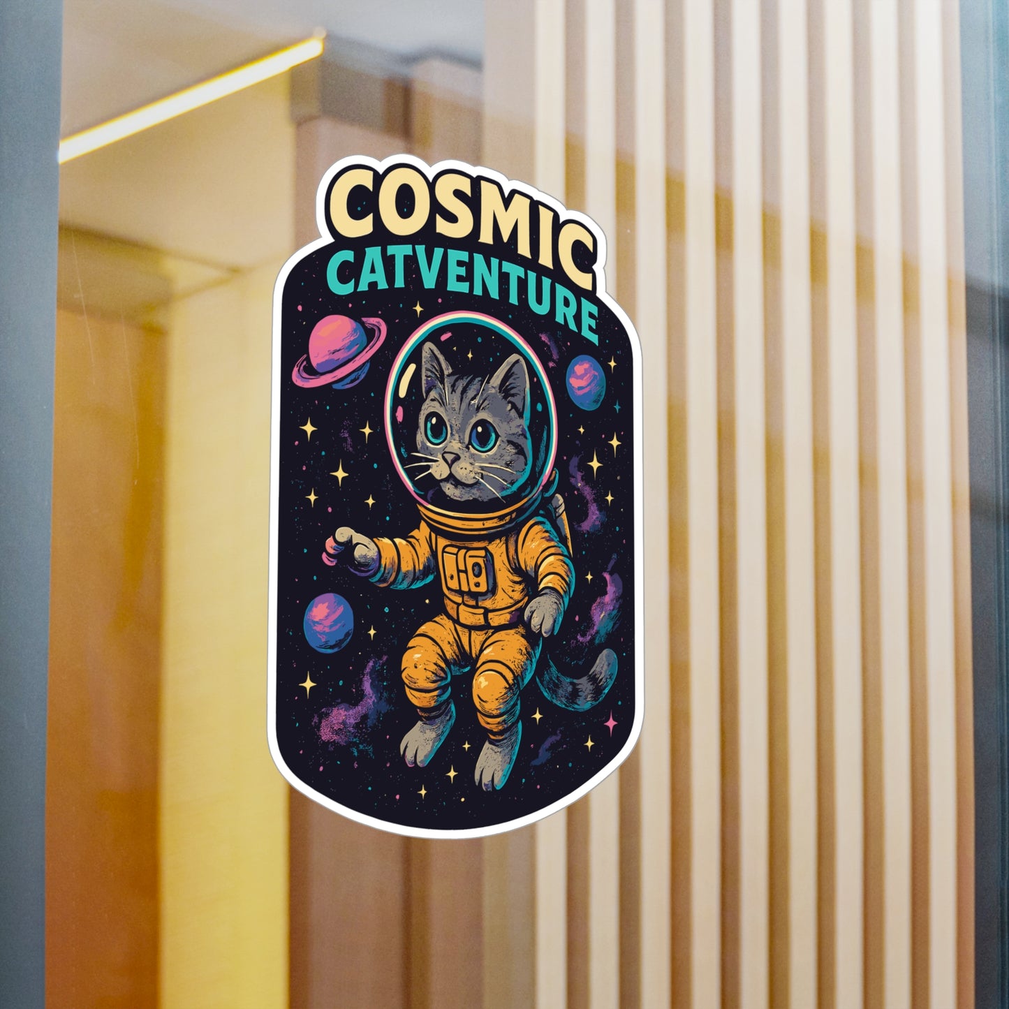 Retro Sticker "Cosmic Catventure" – Cartoon Cat Astronaut Decals, Waterproof Vinyl for Laptop & Water Bottle, Fun Space Design