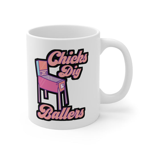 Chicks Dig Ballers - Pinball Mug for Coffee 11oz. Pinball Cup, White ceramic, Retro Mug, Vintage Tea Cup - Pinball Gift