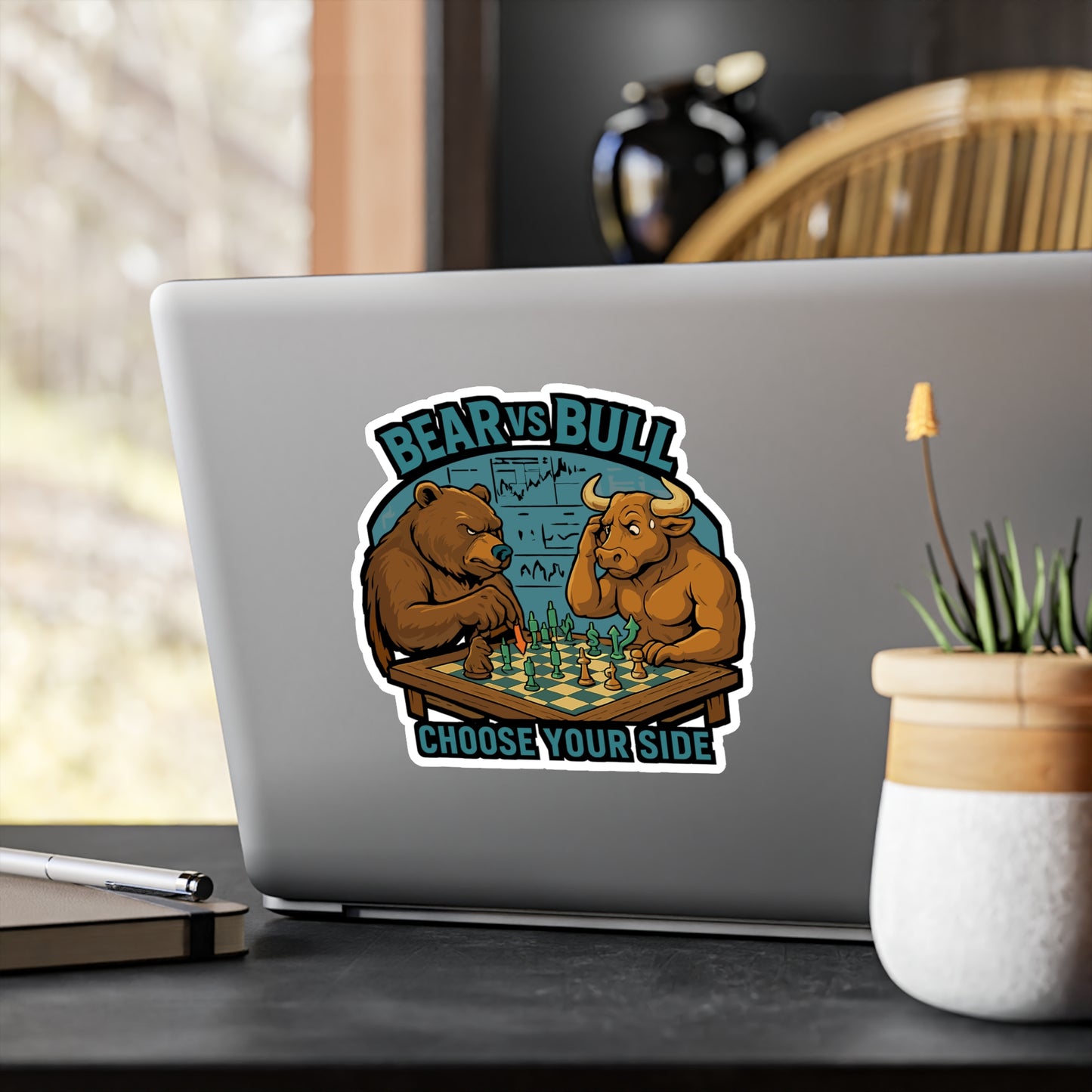 Bear Sticker – Bear Vs Bull Chess Strategy Decals for Laptop, Water Bottle, Waterproof Vinyl, Unique Gift for Investors