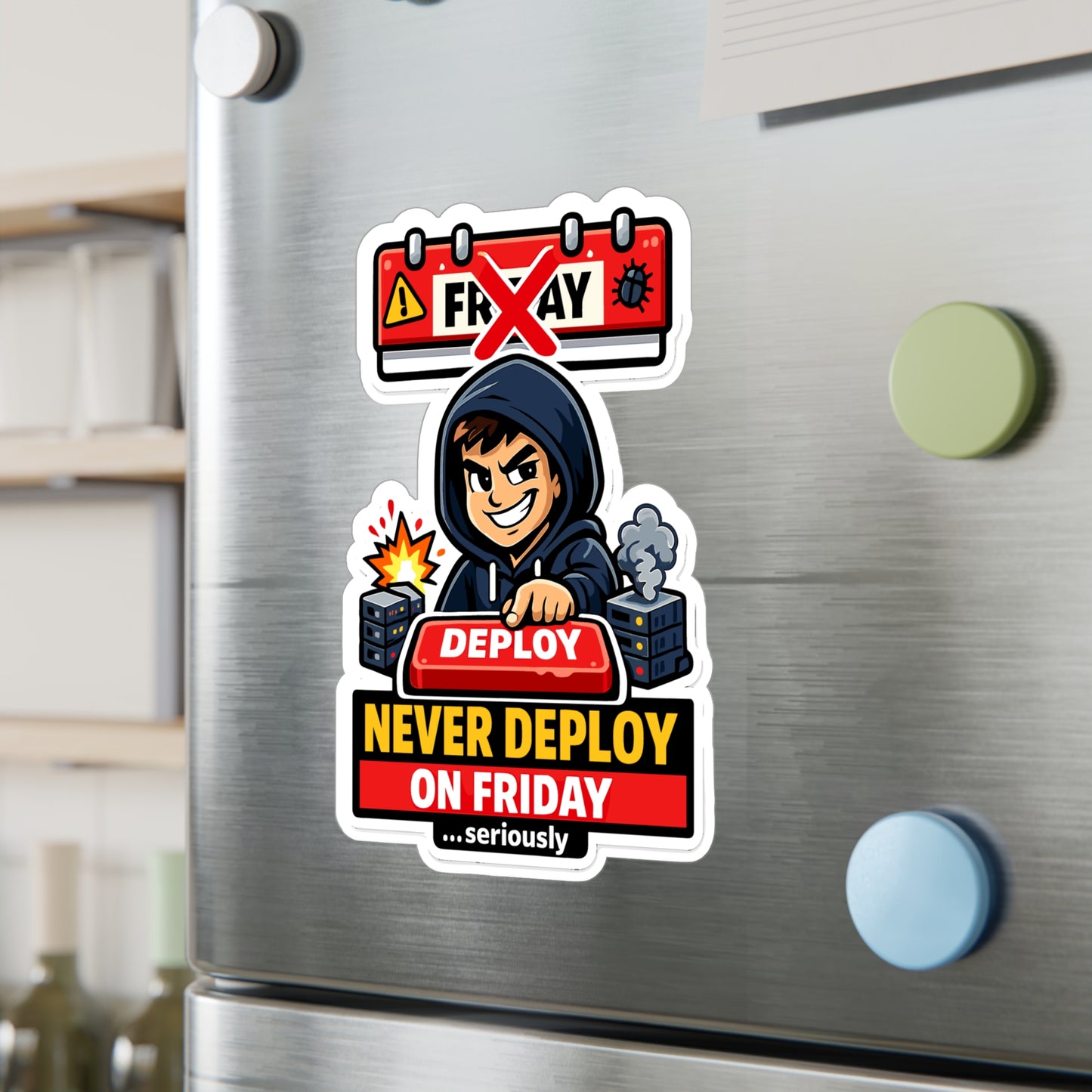 Coding Sticker Never deploy on Friday Programmer Design, Funny Source Code Semicolon Vinyl Sticker Decals for Laptop Water Bottle Waterproof
