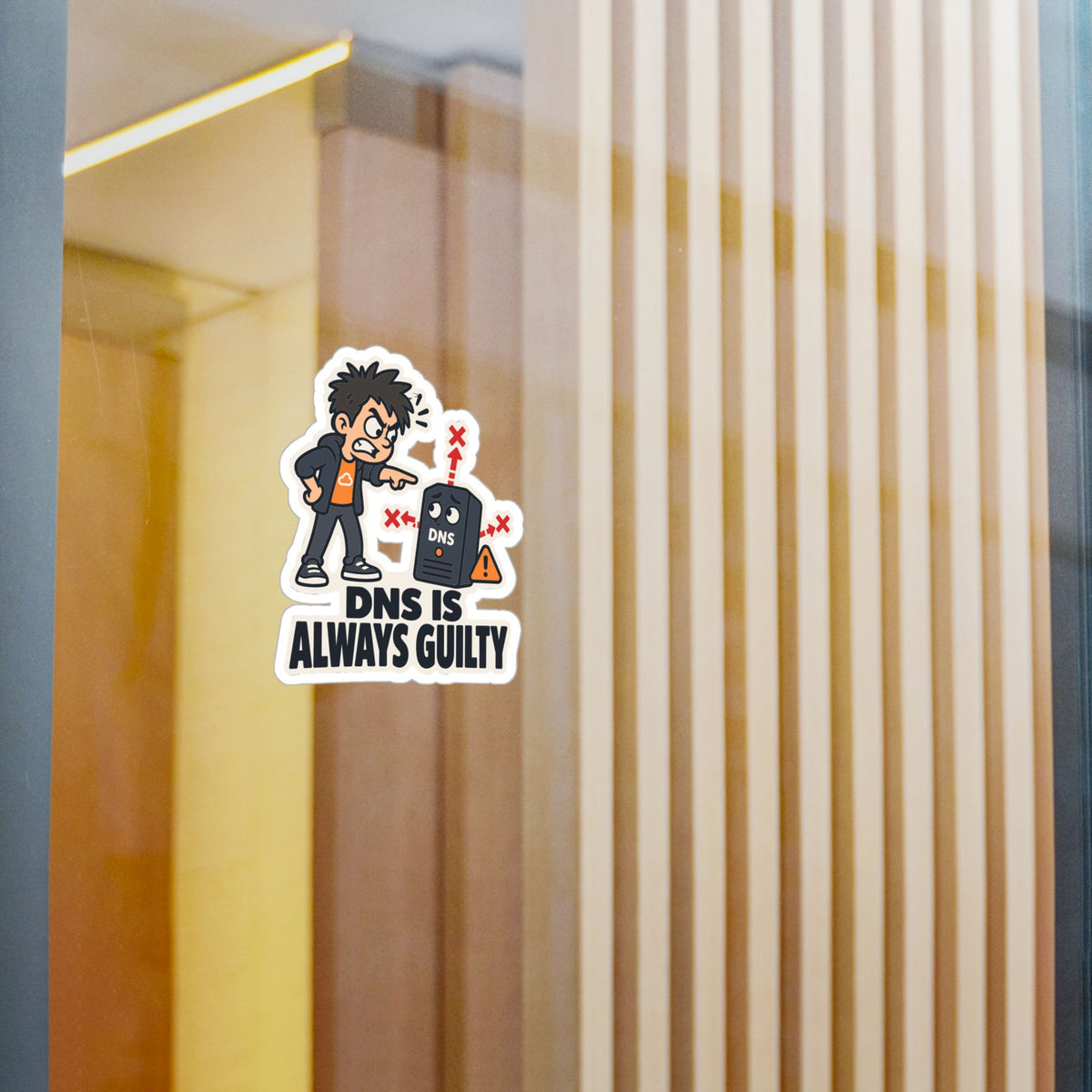 Frustrated Sticker - DNS Is Always Guilty, Cartoon Homelabber Pointing Accusingly, Funny Decals for Laptop and Water Bottle