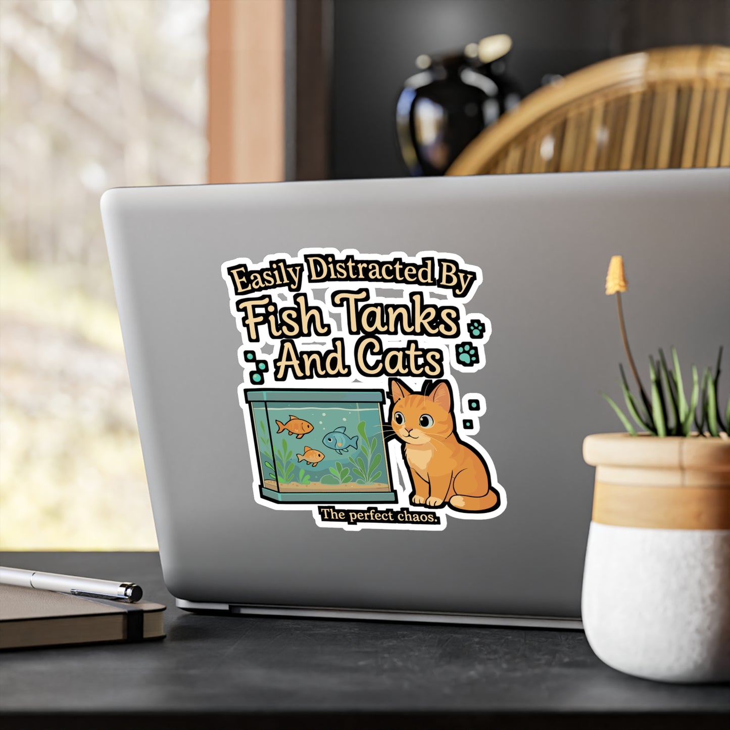 Easily Distracted by Fish Tanks and Cats – Aquarist Sticker for Laptop or Water Bottle | Vinyl Aquascaping Decal, Cat Lover Gift