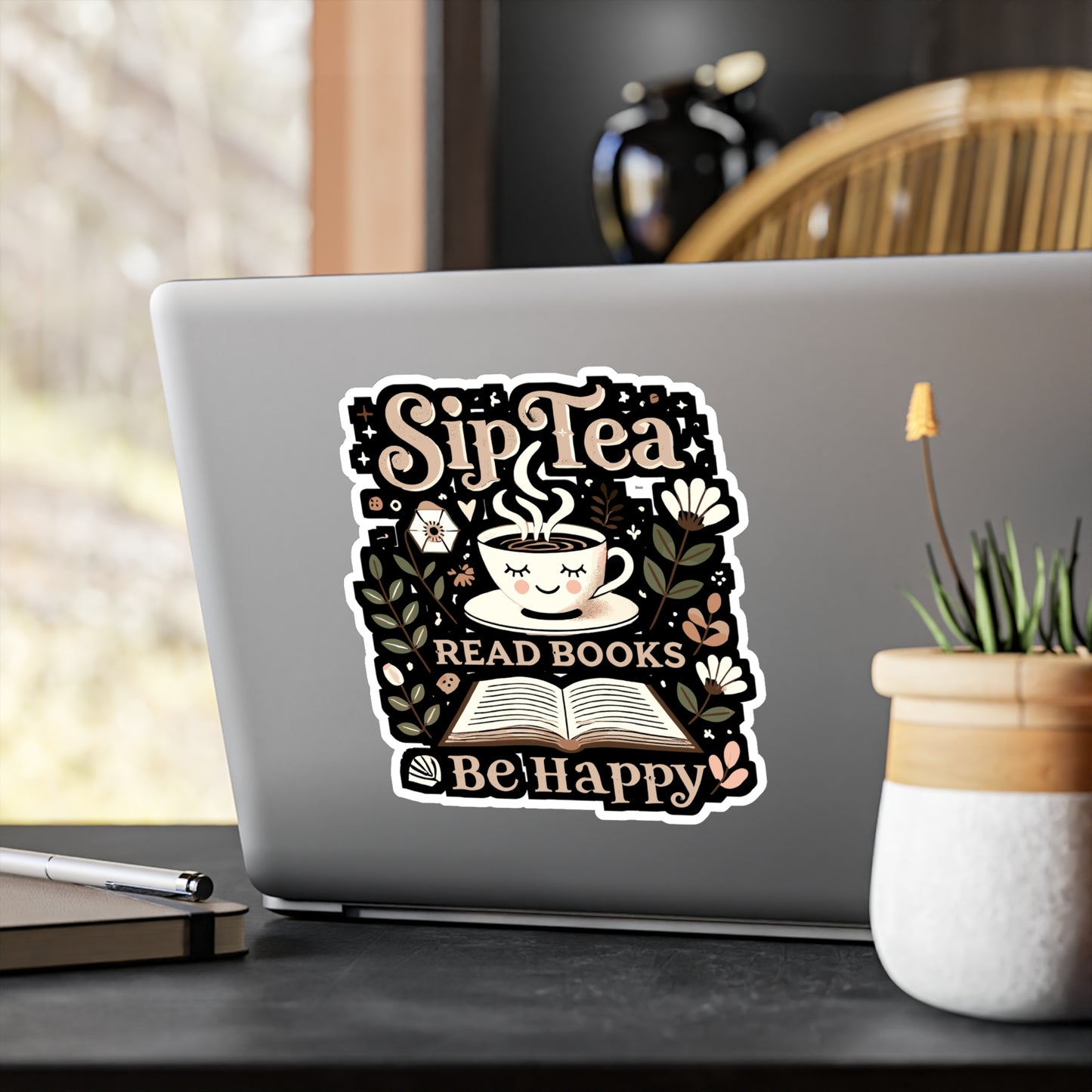 Sip Tea Read Books Be Happy - Tea Sticker for Laptop Sticker. Water Bottle Sticker, Vinyl Books Decal - Tea Gift