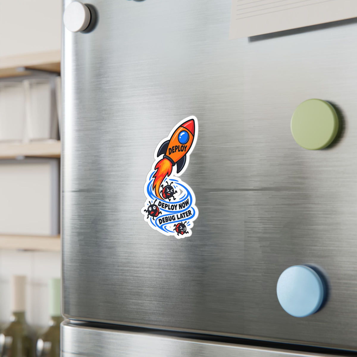 Tech Sticker - Deploy Now Debug Later, Reboot Button and Bandage Design Decals for Laptop or Water Bottle